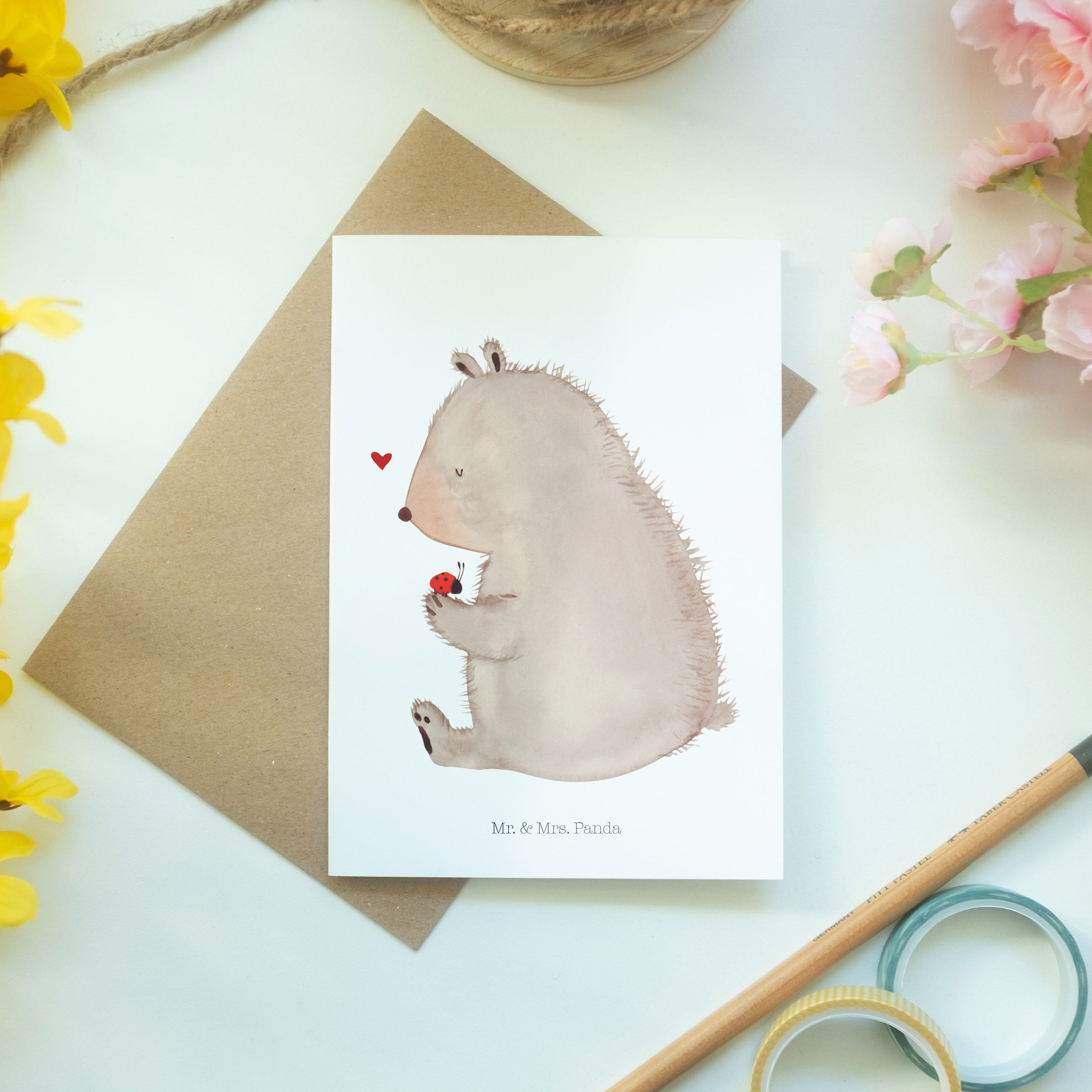 Mr. & Mrs. Panda - Bär mit Marienkäfer Karte, - Teddybär, Weiß Liebe, Klappk Geschenk, Grußkarte