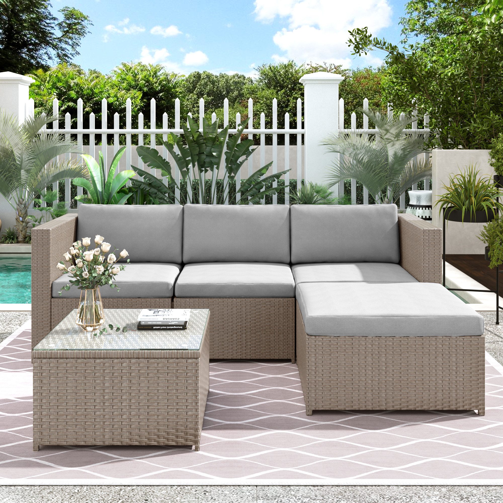 Flieks Gartenlounge-Set, Polyrattan Gartenmöbel Ecksofa mit kissen und Glas-Tischplatte