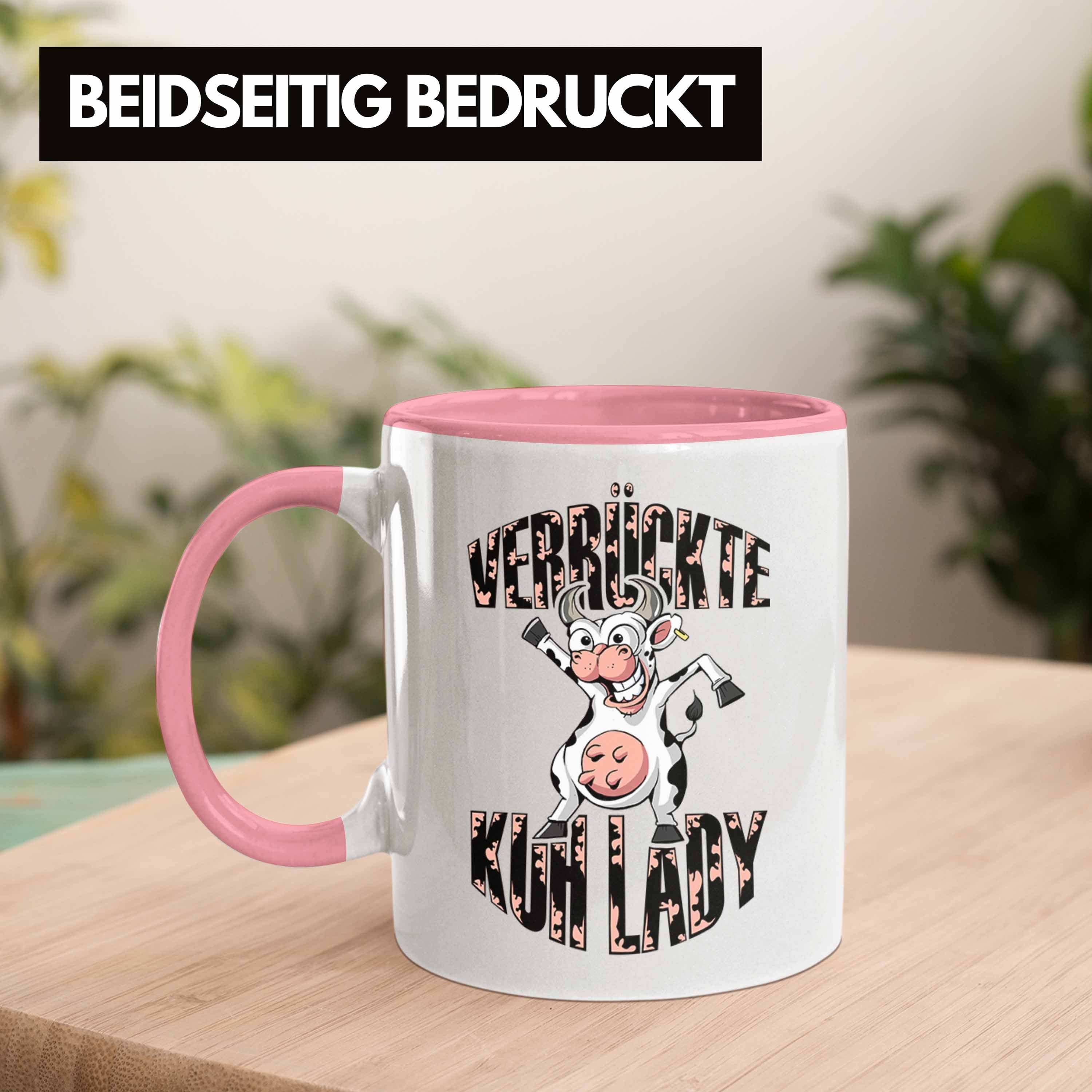 Trendation Tasse Tasse "Verrückte Frauen Geschenk Bäuerin Bauernhof Lustige Rosa Kuhlady"
