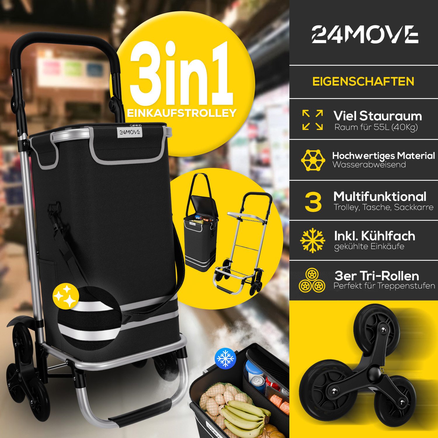 24Move Einkaufstrolley Einkaufstrolley mit 55L, 3in1 Sackkarre und Tasche, klappbar, Sternrad, Handwagen inkl. Kühlfach