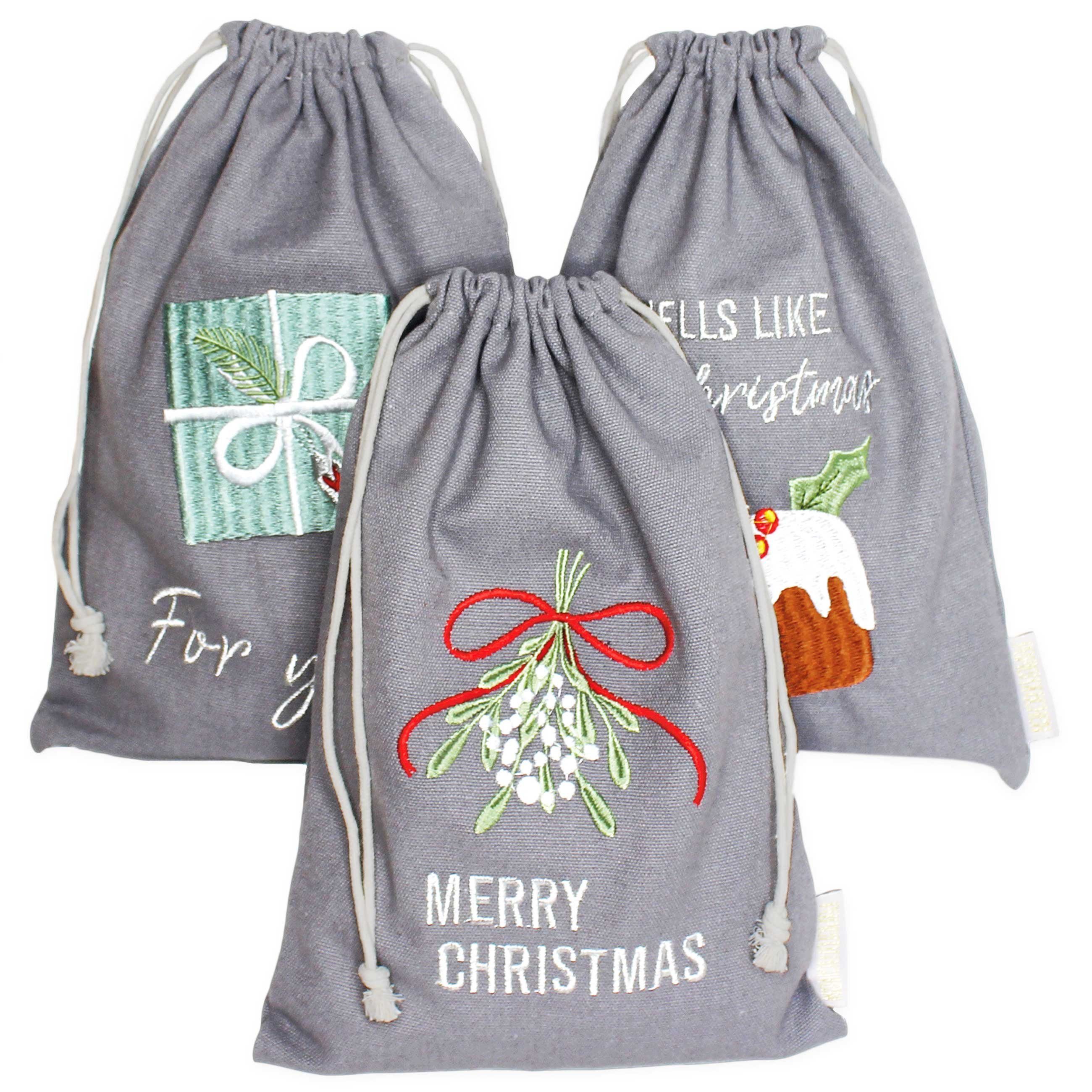 PAPIERDRACHEN Упаковочная бумага 3 Geschenksäckchen zu Weihnachten - Geschenke nachhaltig einpacken, mit schöner Bestickung