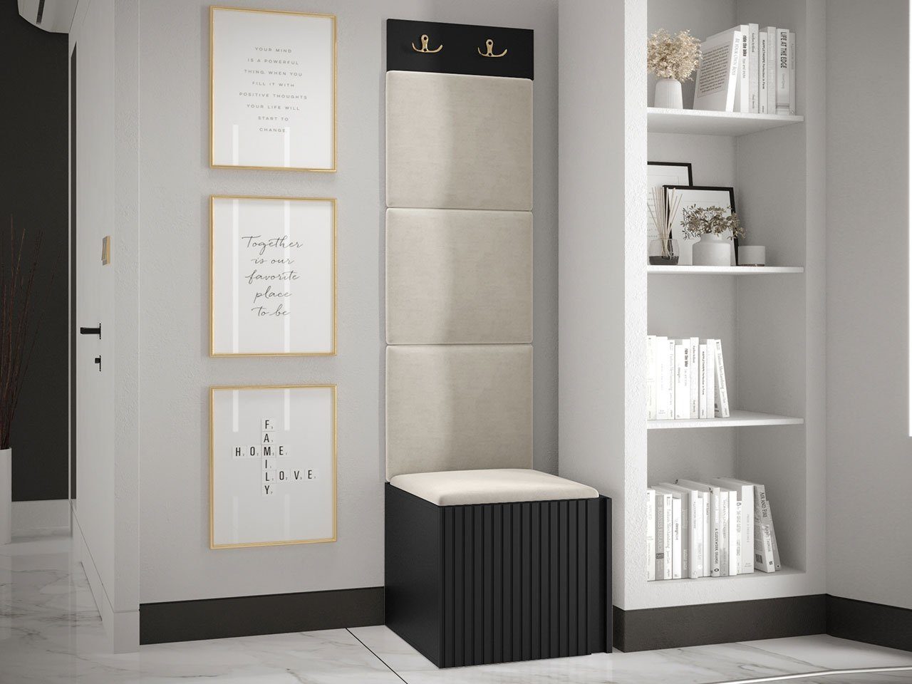 MIRJAN24 Garderoben-Set Orion Ryfel Slim XXII, (Schuhschrank 1D, Kleiderhakenbrett, 4x Paneel 42x42), 2 Kleiderhaken für Kleidung, Metallgriffe