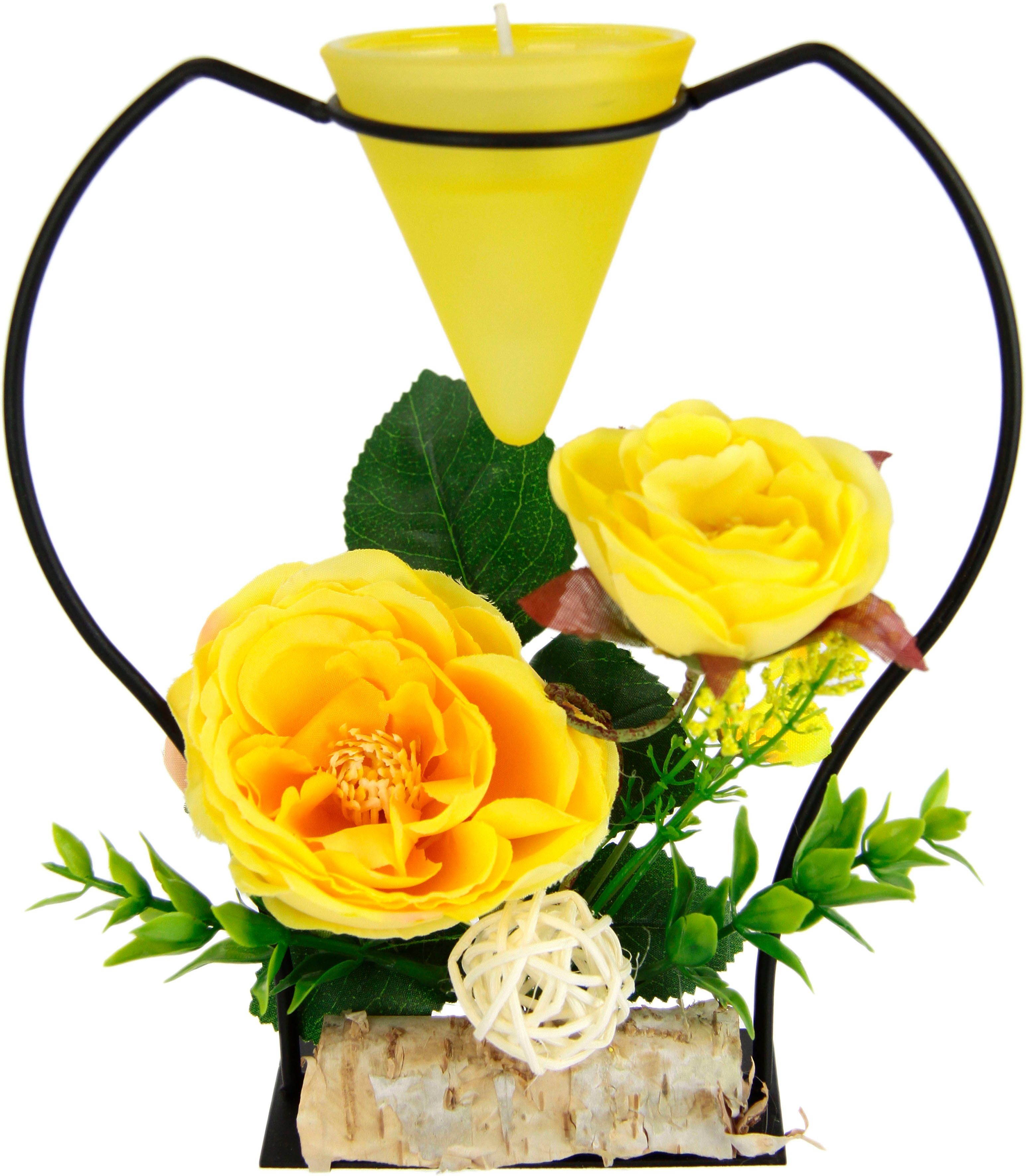 Kerzenständer Kunstblumen 3D Metall Teelichtkerze Teelichthalter gelb Glaseinsatz Rose, I.GE.A. Advent