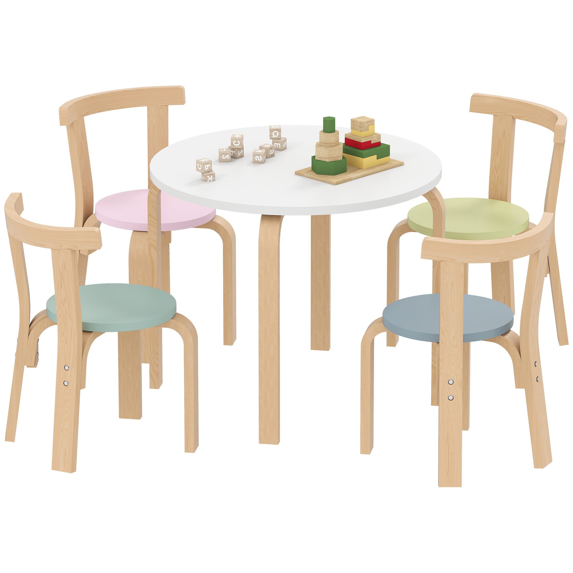 AIYAPLAY Kindersitzgruppe Kindertisch mit 4 Stühlen Sitzgruppe für Kinderzimmer, Holz, (Kindermöbel, 5-tlg., 5-teiliges Set mit Tisch und Stühlen), für Kinder von 3-8 Jahren, Mehrfarbig
