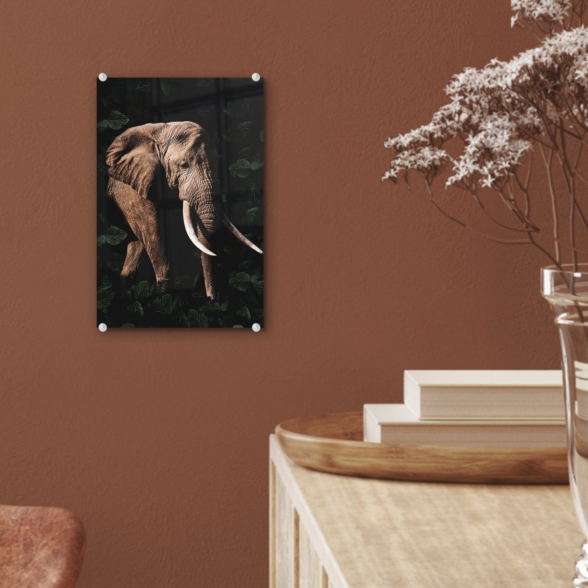 MuchoWow Acrylglasbild Elefant - auf (1 Wandbild auf Glas Wanddekoration Dschungel - Schwarz, Foto bunt - Glasbilder - - St), Glas Bilder