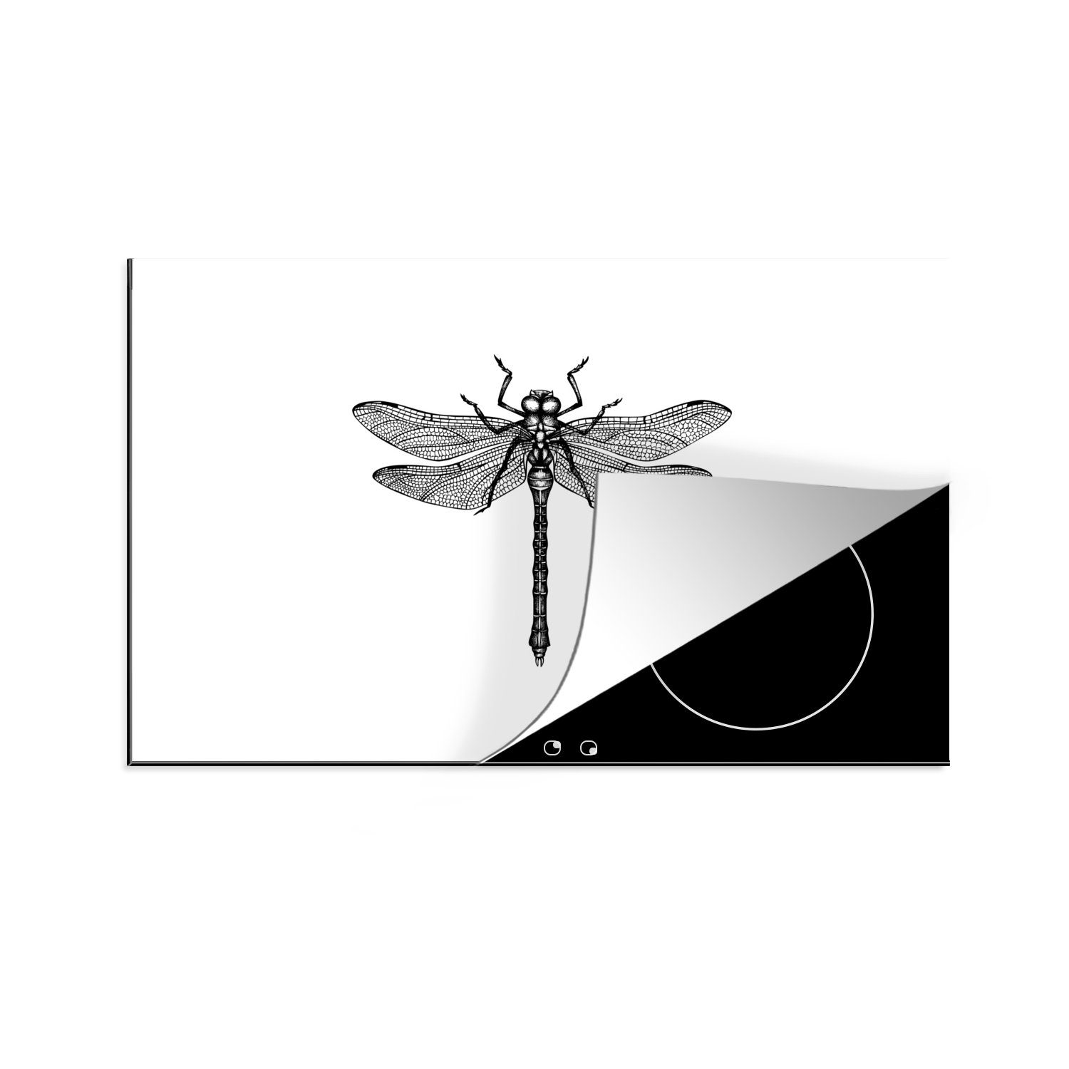 MuchoWow Herdblende-/Abdeckplatte Libelle - Insekten - Retro - Schwarz und weiß, Vinyl, (1 tlg), 80x52 cm, Induktionskochfeld Schutz für die küche, Ceranfeldabdeckung | Herdabdeckplatten