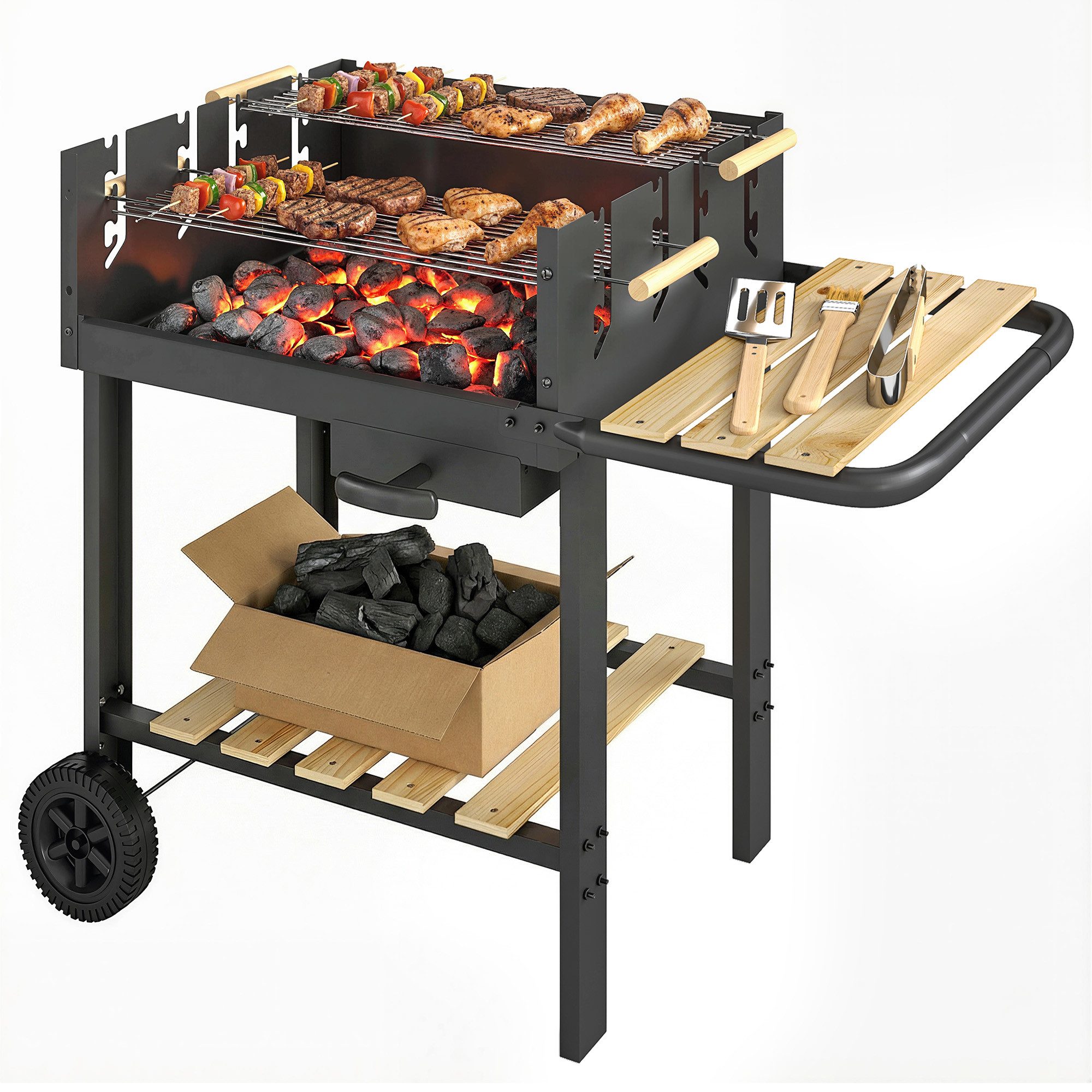MC Star Holzkohlegrill Grillwagen aus Holz mit 2 verstellbaren Grillrosten, Holzkohlegrill auf Rädern, Seitenablage, schwarz