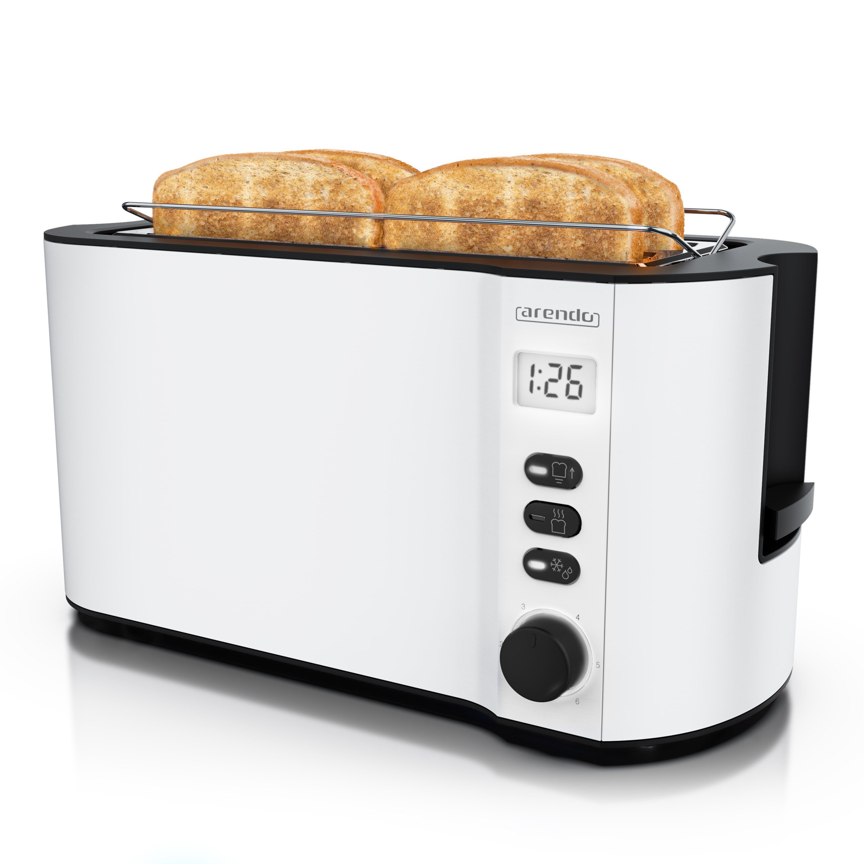 Arendo Toaster Edelstahl, Langschlitz, Display mit Restzeitanzeige, Krümelschublade, 2 lange Schlitze, für 4 Scheiben, 1500 W, Defrost Funktion, Wärmeisolierendes Gehäuse, mit Brötchenaufsatz