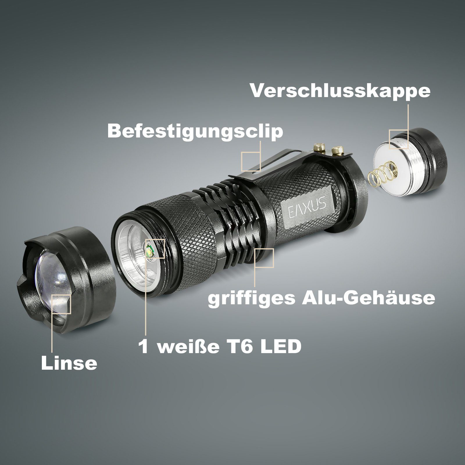 EAXUS LED Taschenlampe Leuchtmodi, Profi Glow-X Blink-Funktion, Zoom-Funktion mit Clip (1-St), Taschenlampe zur 3 Minitaschenlampe Clip Befestigung, mit
