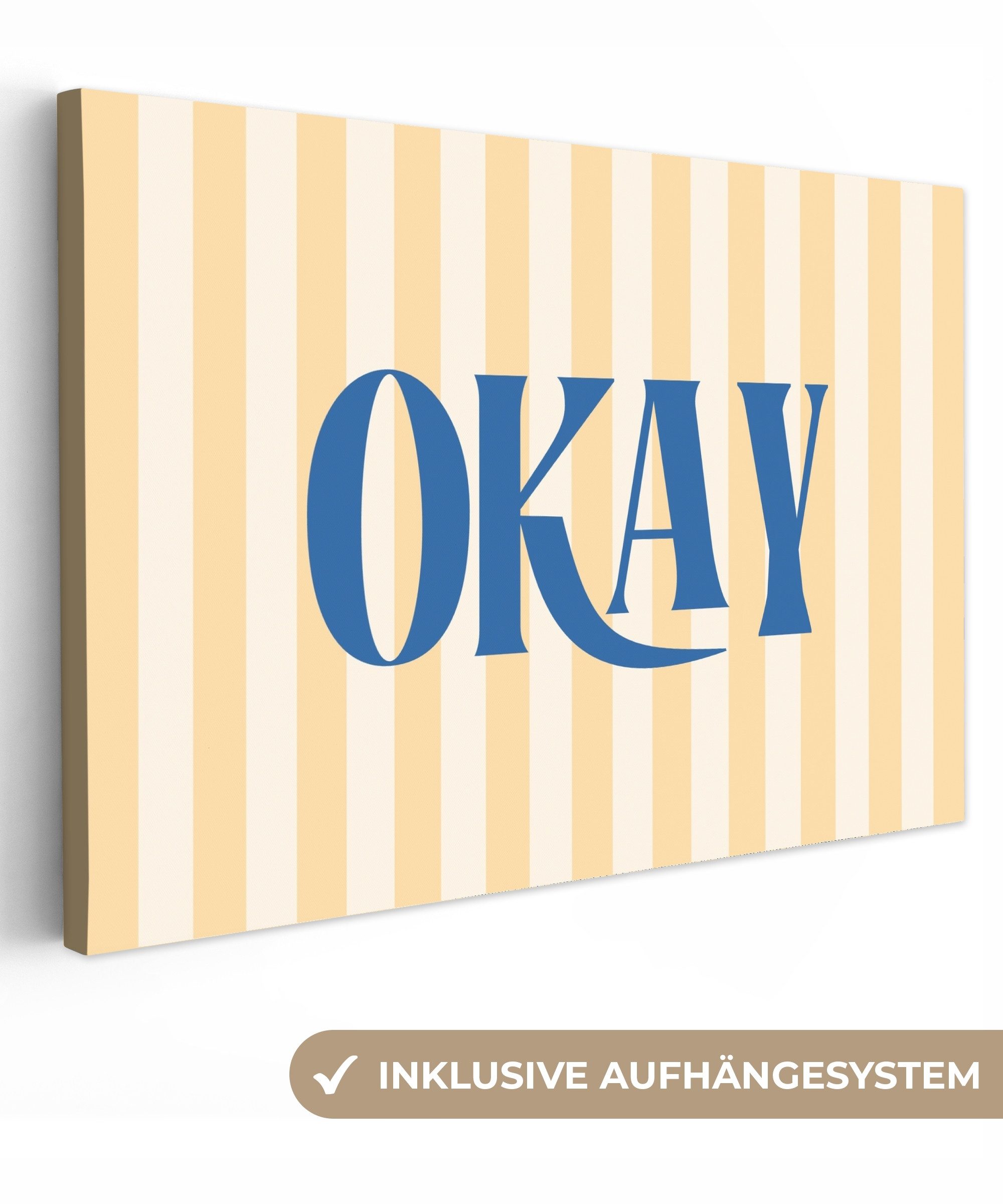 OneMillionCanvasses® Leinwandbild Blau – Gelb – Streifen – Okay, Fotodruck (1 St), Leinwandbilder XXL Wohnzimmer, Deko Aesthetic 150x100 cm