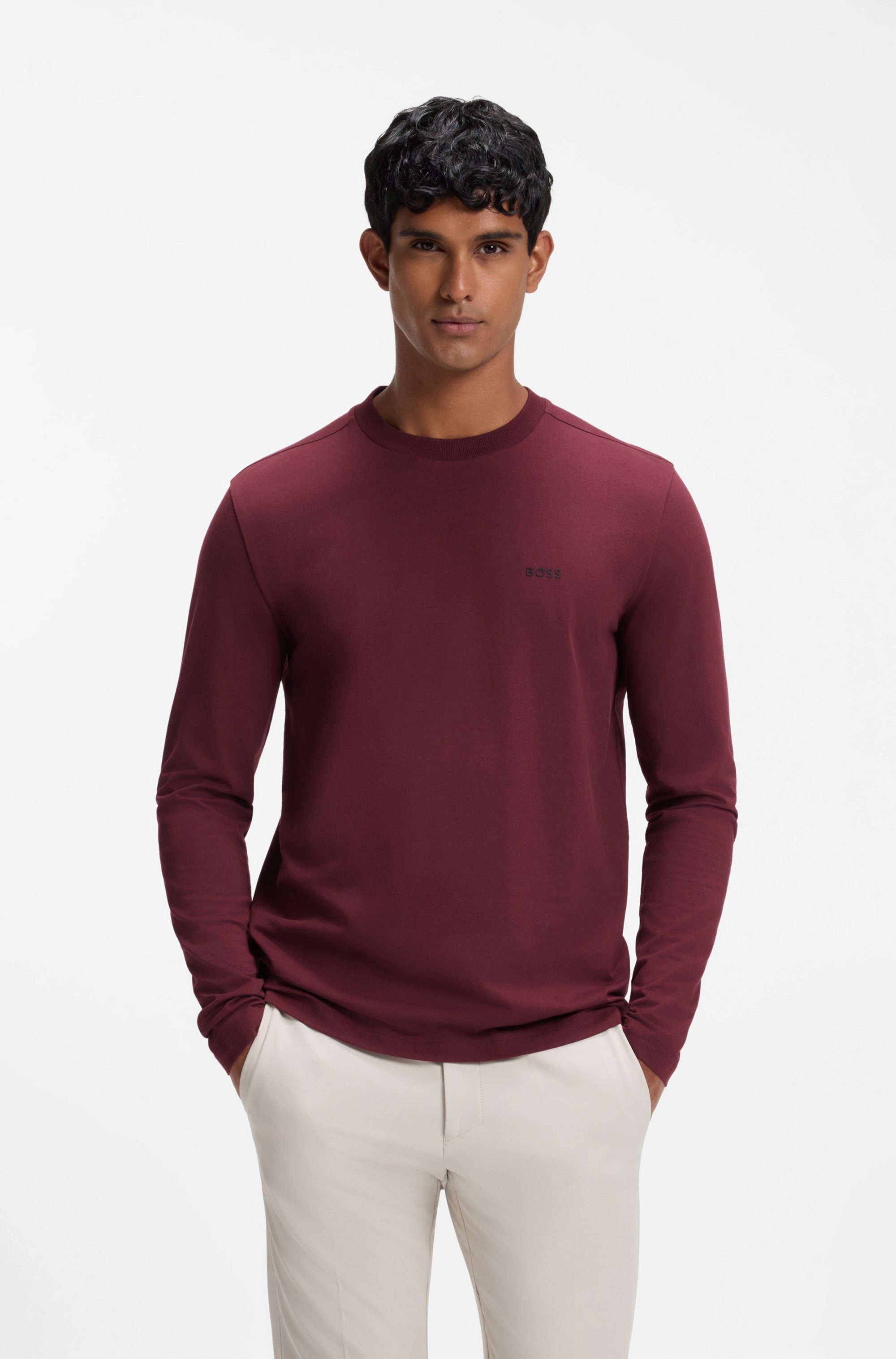 BOSS GREEN Langarmshirt Tee Long Regular Fit Stretch Jersey Cotton, Logo on Chest, Rundhals