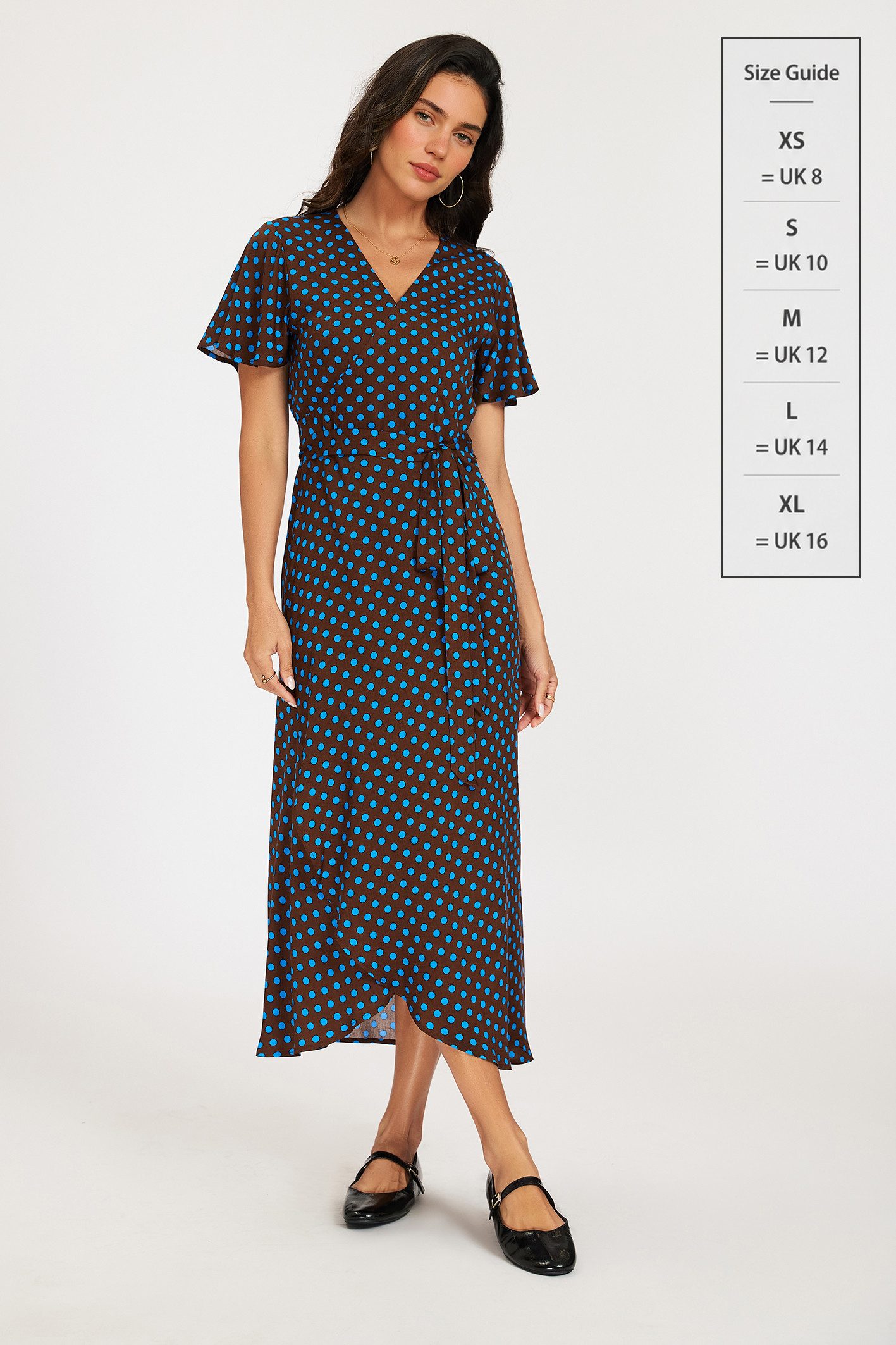 FS Collection Wickelkleid Damen Sommerkleid Freizeitkleid Wickelkleid Maxikleid V-Ausschnitt (XS (EU:36 / UK:8) · S (EU:38 / UK:10) · M (EU:40 / UK:12) · L (EU:42 / UK:14) · XL (EU:44 / UK:16), 4 Farben: Braun-Blau, Schwarz-Braun,Dunkelgrün gepunktet, Oliv-Schwarz) Wickeloptik, V-Ausschnitt, Bindegürtel, Flatterärmel