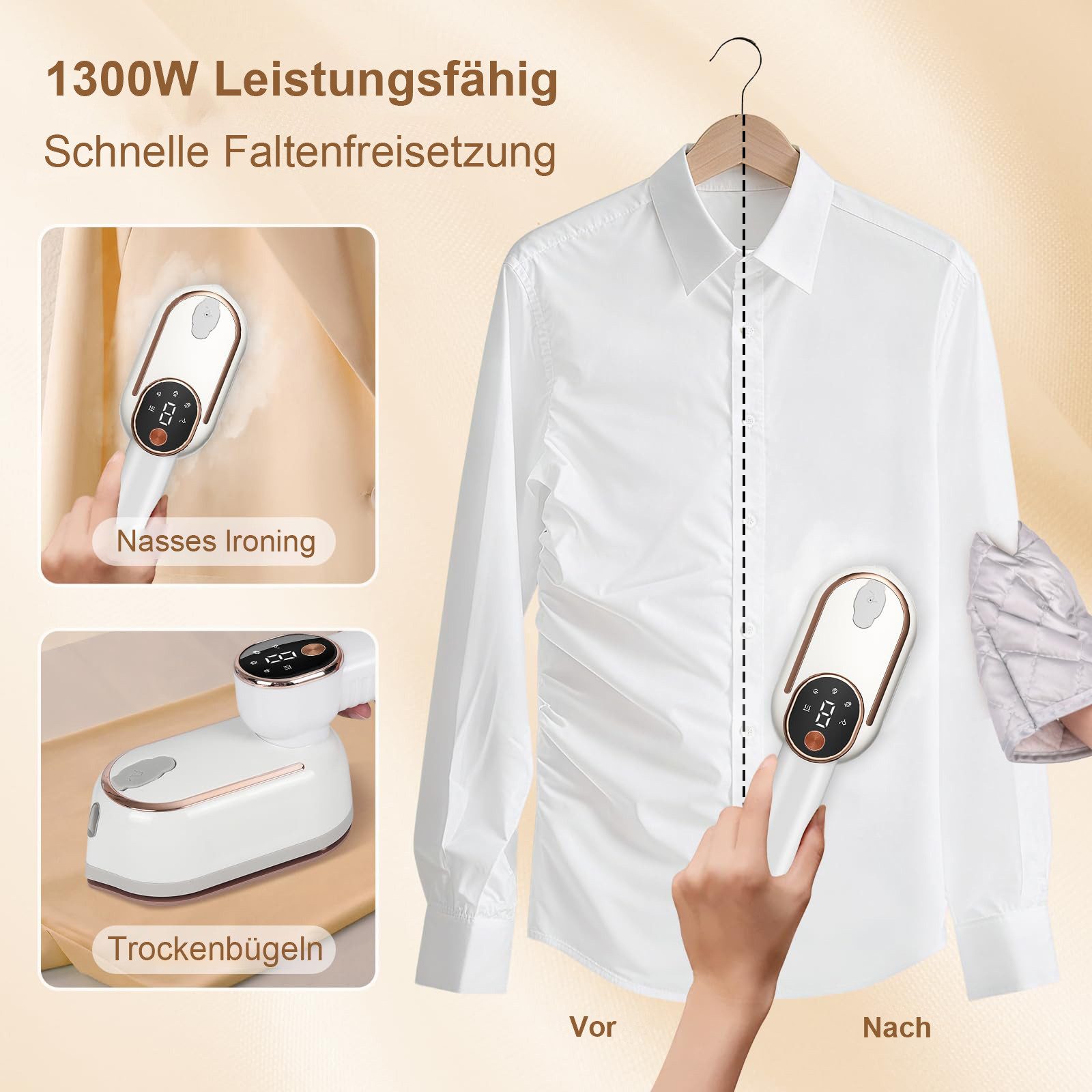 OKWISH Dampfbürste Handdampfbügeleisen Kleidungsglätter Reise-Dampfbügeleisen, 1400 W, 4 Modi für Seide Baumwolle Wolle Jeans Anzüge Bettwäsche und Vorhänge