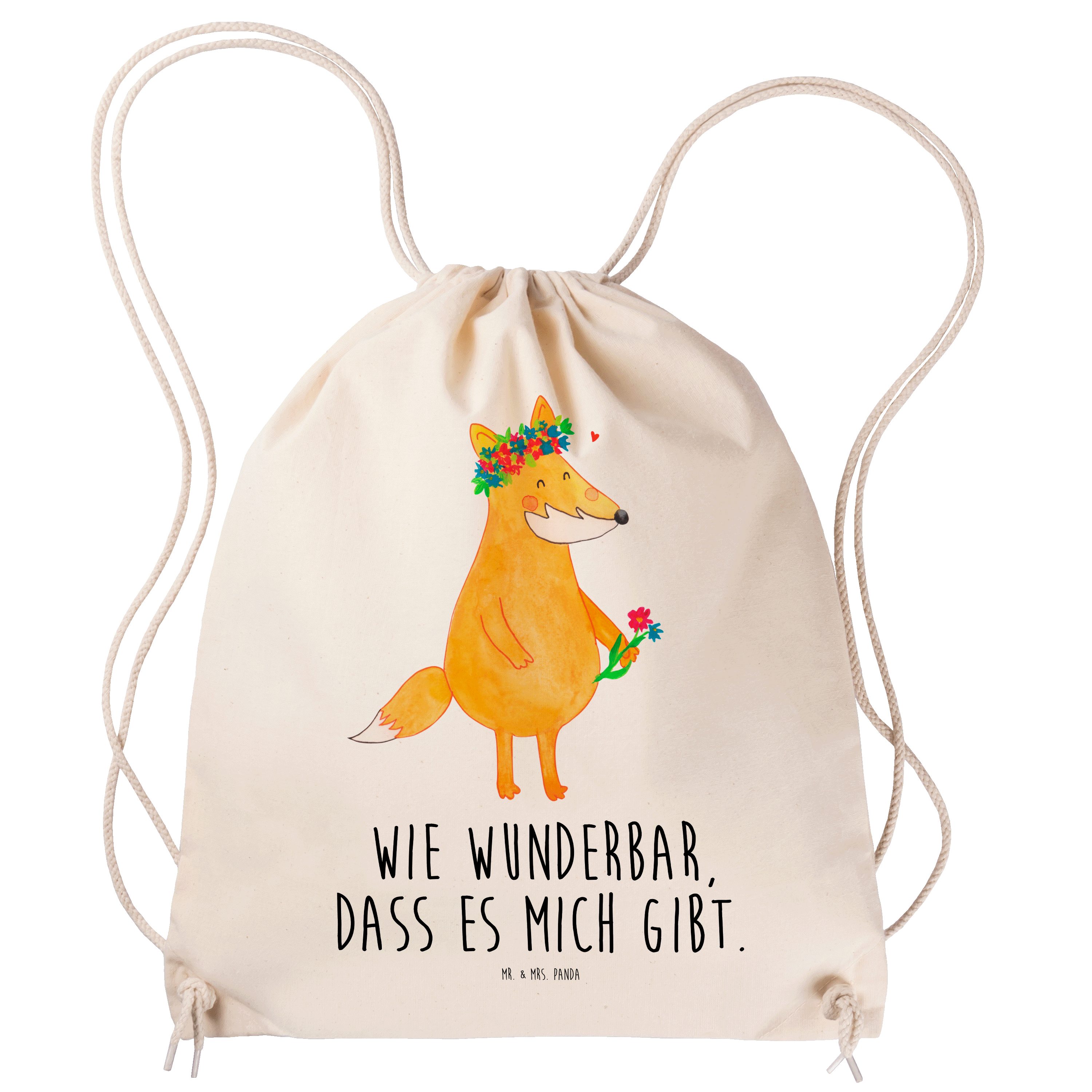 Mr. & Mrs. Panda Sporttasche Fuchs Blumenliebe - Transparent - Geschenk, niedlich, Stoffbeutel, Se (1-tlg)