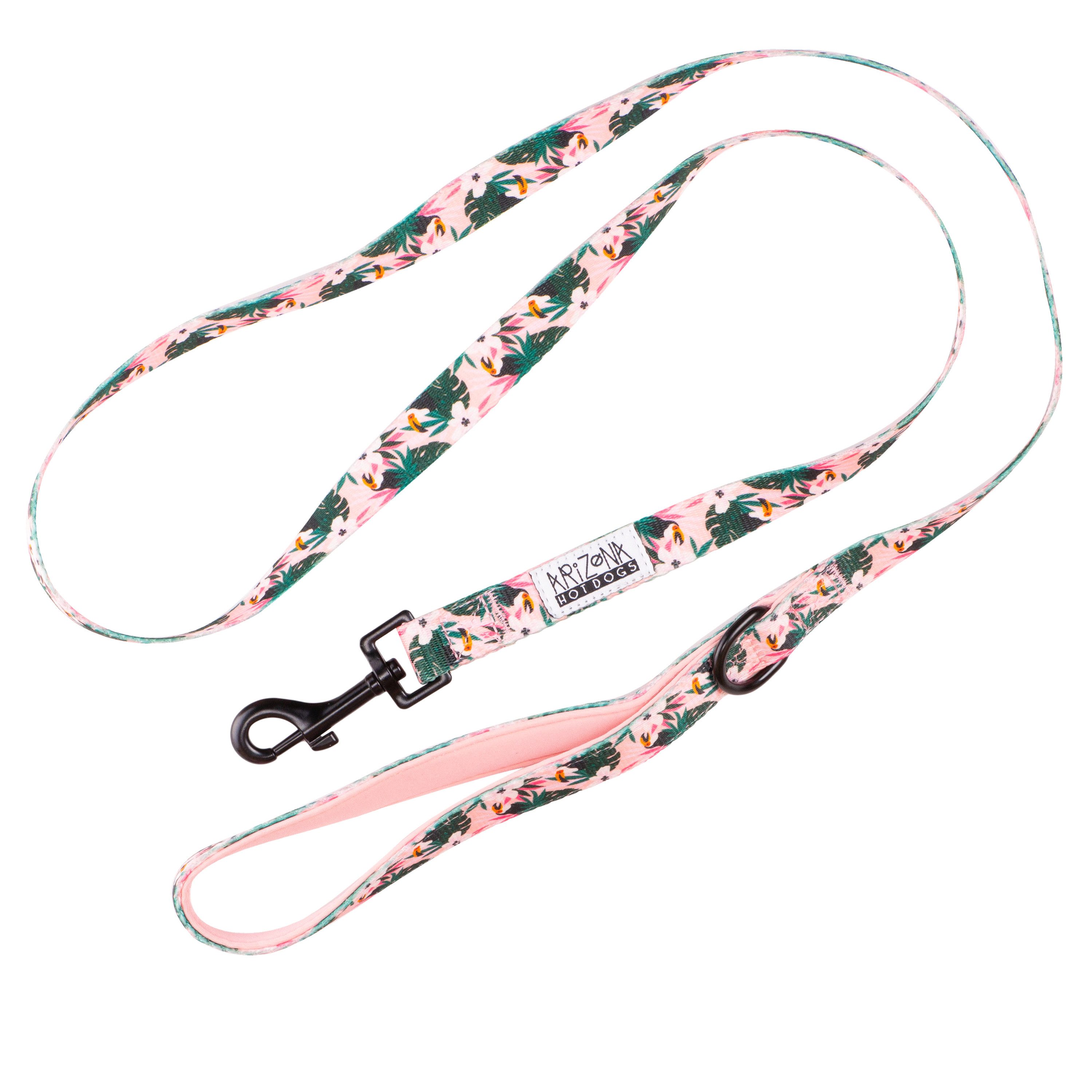 ARIZONA HOT DOGS Hundeleine 1,5m Schlaufe mit Neoprenpolster Tropicool Rosa mit Palmenmuster L