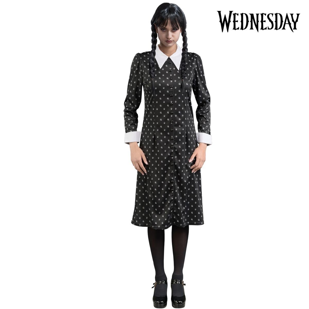 Kostüm Wednesday Halloween Kleid schwarz mit weißen Punkten