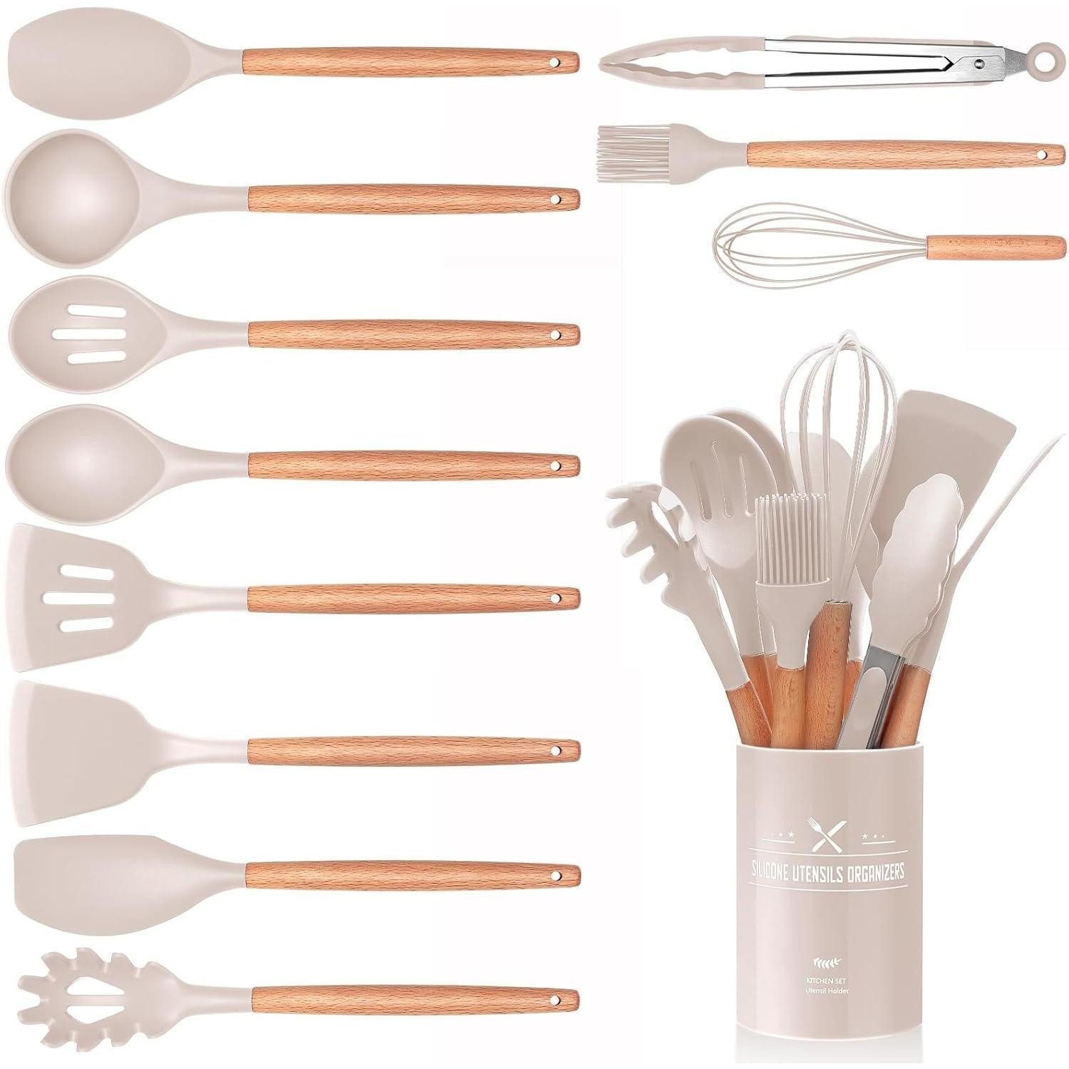 Wildone Kochbesteck-Set 12-teiliges Silikon Küchenhelfer Set mit Holzgriff und