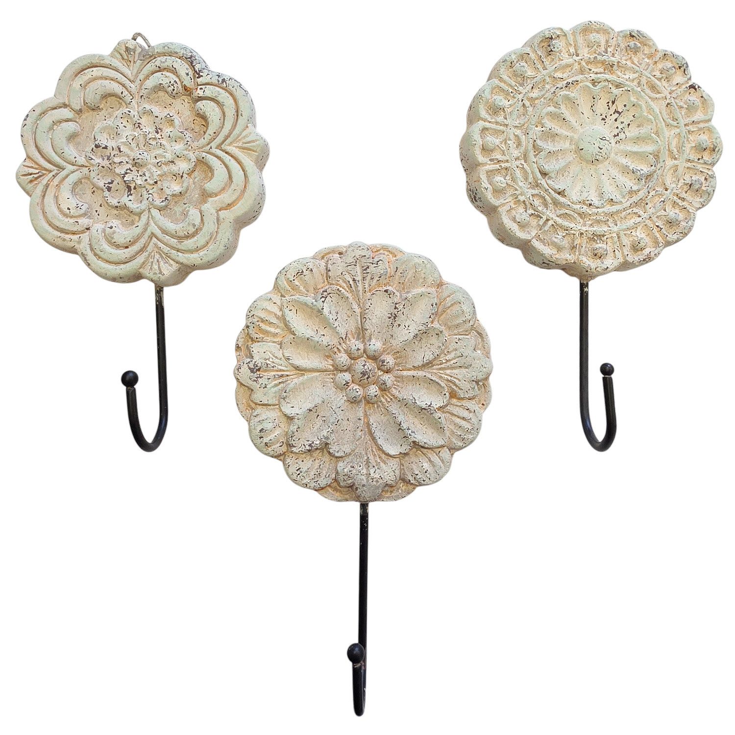 Macosa Home Dekohaken Wandhaken 3er Set Blumen Creme Grün Vintage, (Wanddekoration Kleiderhaken, 3-St., Garderobenhaken Garderobe), Zement Metall 17 cm Haken