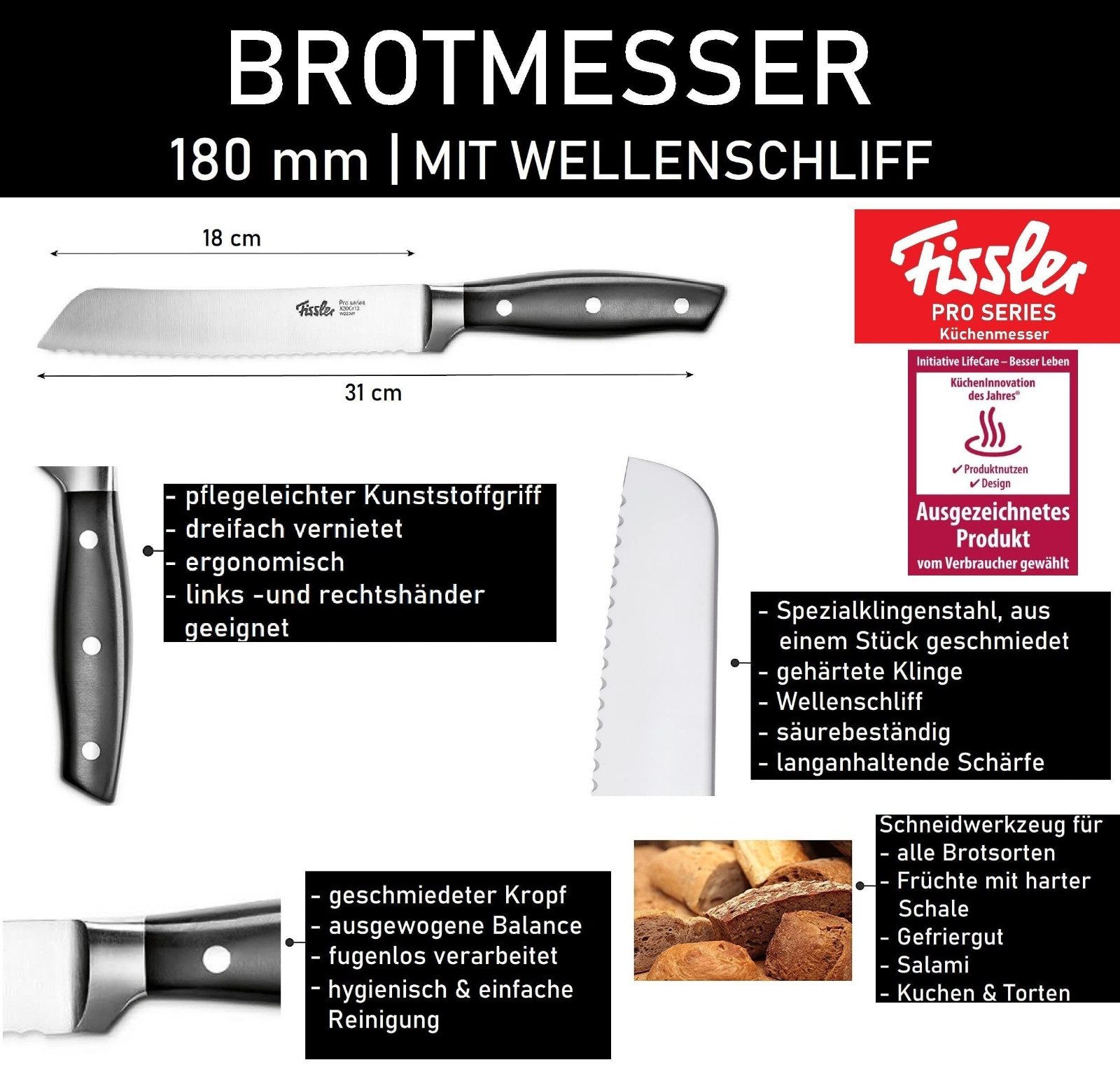 Fissler Messer-Set Profi Küchenmesser Kochmesser Fleischmesser Brotmesser Sushimesser (rostfrei, vernietete Griffe, Spülmaschinenfest, Gemüsemesser, Messer, gehärtete Spezialklingen, extra scharf), Messerset, Küchenmesser Fleischmesser, Allzweckmesser Sushi Messer