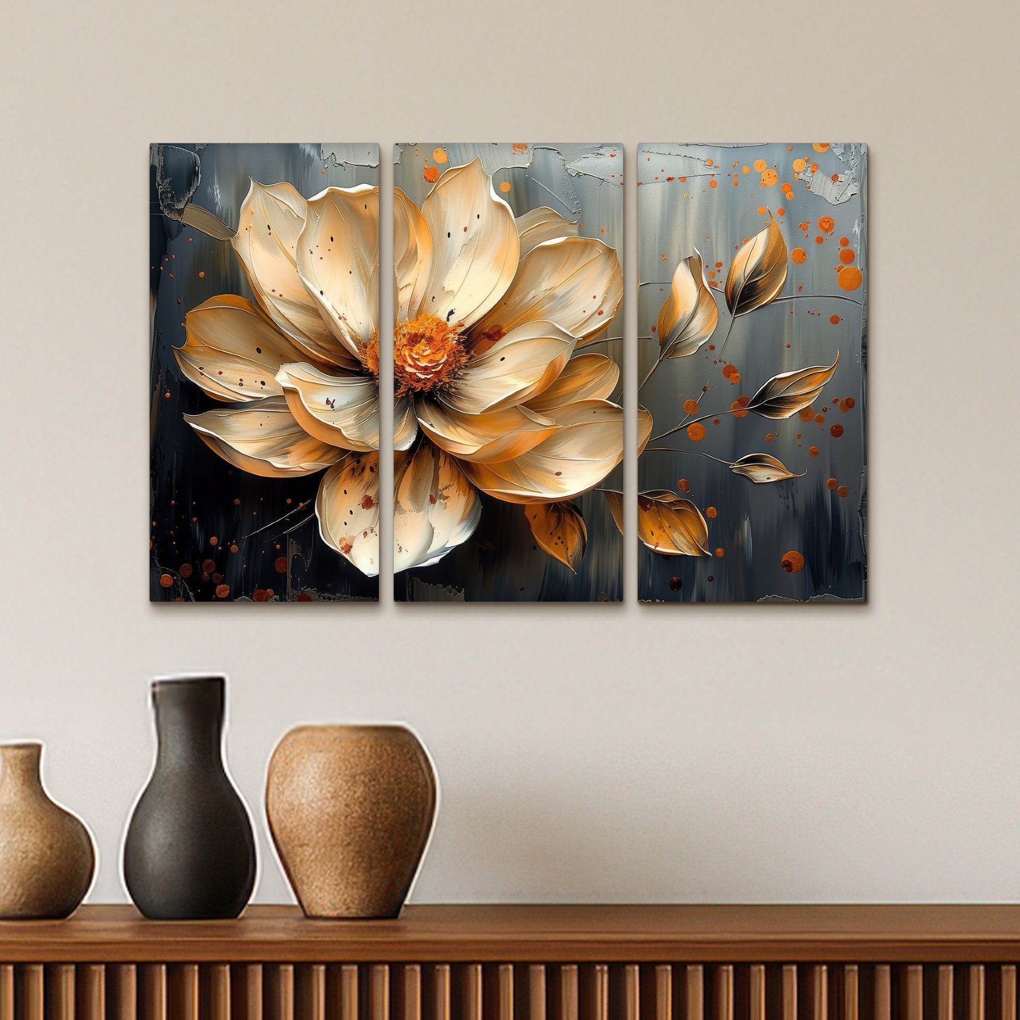 MuchoWow Leinwandbild Blume - Gold - Abstrakt - Farbe, Fotodruck (3 St), Wand Bilder 3 Set, Deko Schlafzimmer Wohnzimmer Flur 60x40 cm – Bild 5 von 5