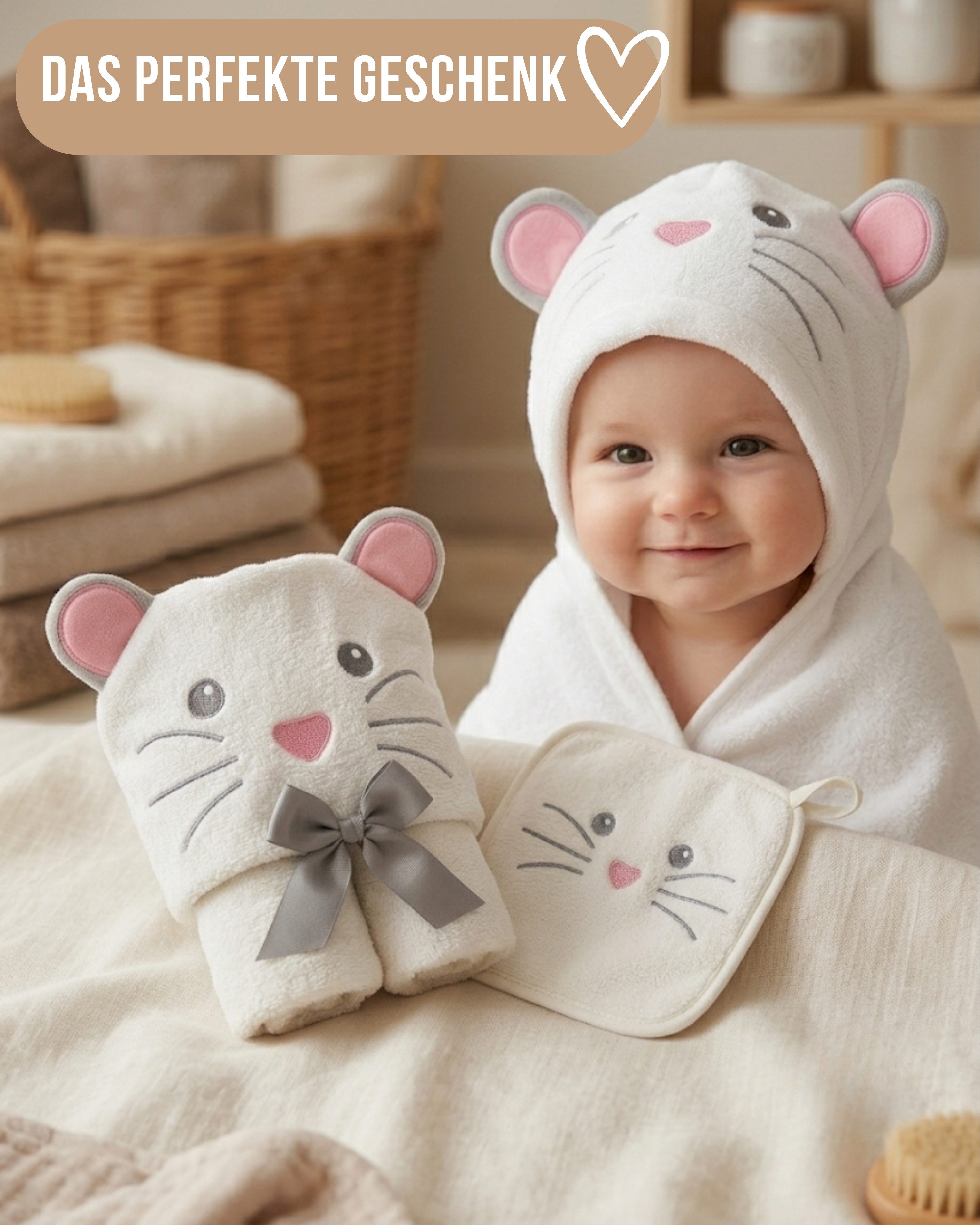 HECKBO Kapuzenhandtuch Maus inkl. Waschlappen, ab 0 Jahren, 2 Druckknöpfe, Baby Geschenk – Bild 4 von 5