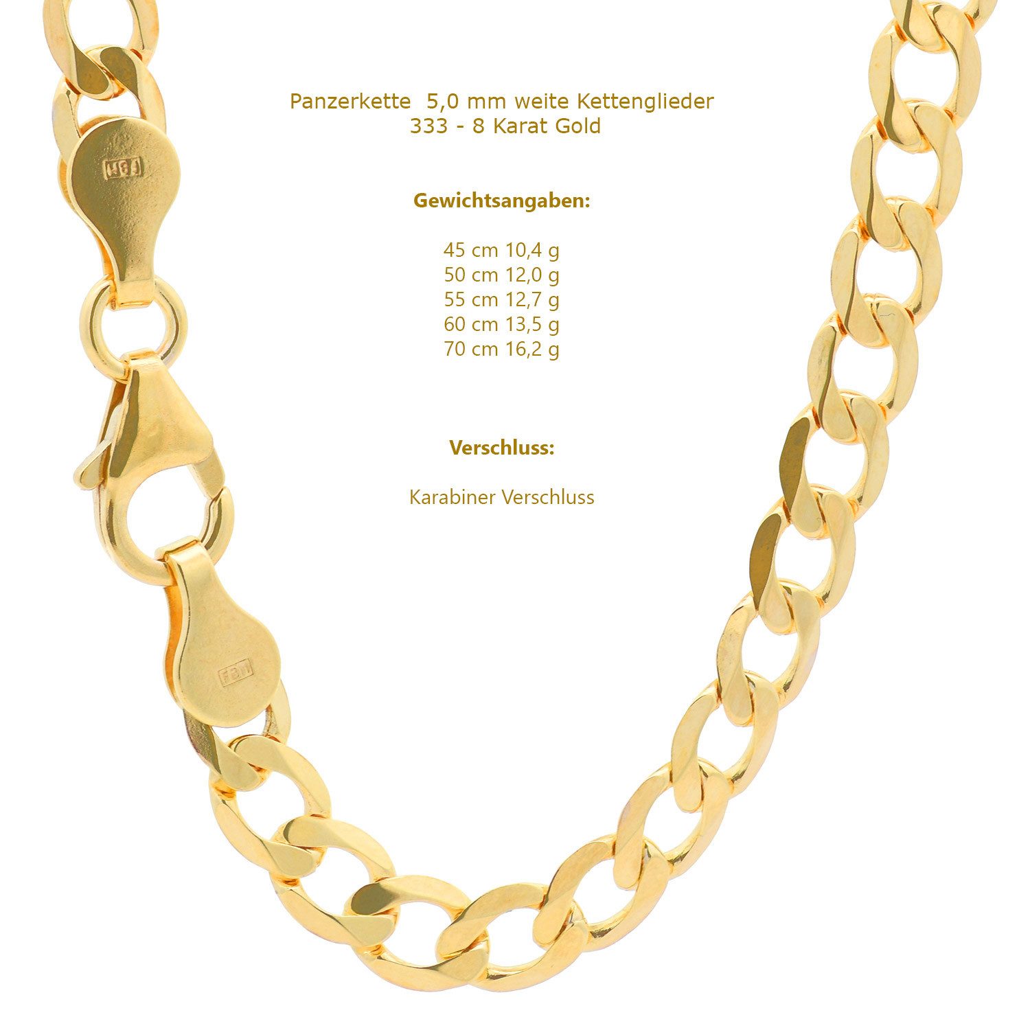 HOPLO Panzerkette Goldkette Panzerkette 5,0 mm weit - 21 cm Armkette - 333-8 Karat Gold, Made in Germany