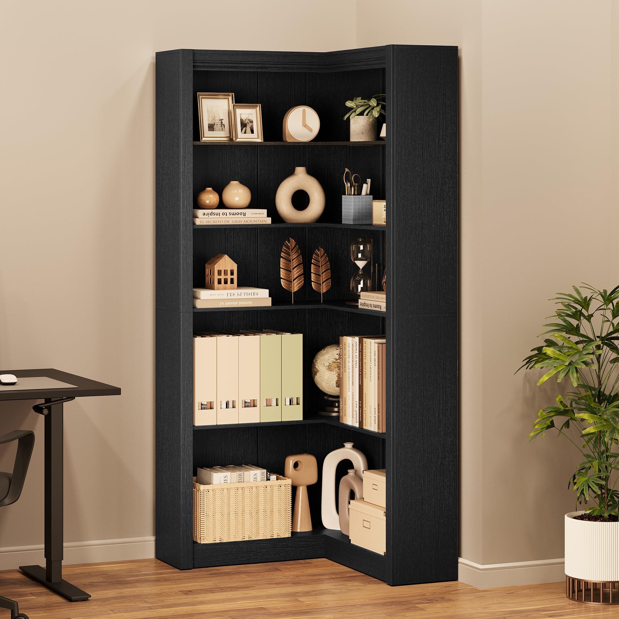 GarveeMore Eckregal 5-stufiges L-förmiges Eckbücherregal Standregal Mehrzweckregal, Moderne Landhausmöbel Große Kapazität Stauraumregal 182.5cm Hoch Regal