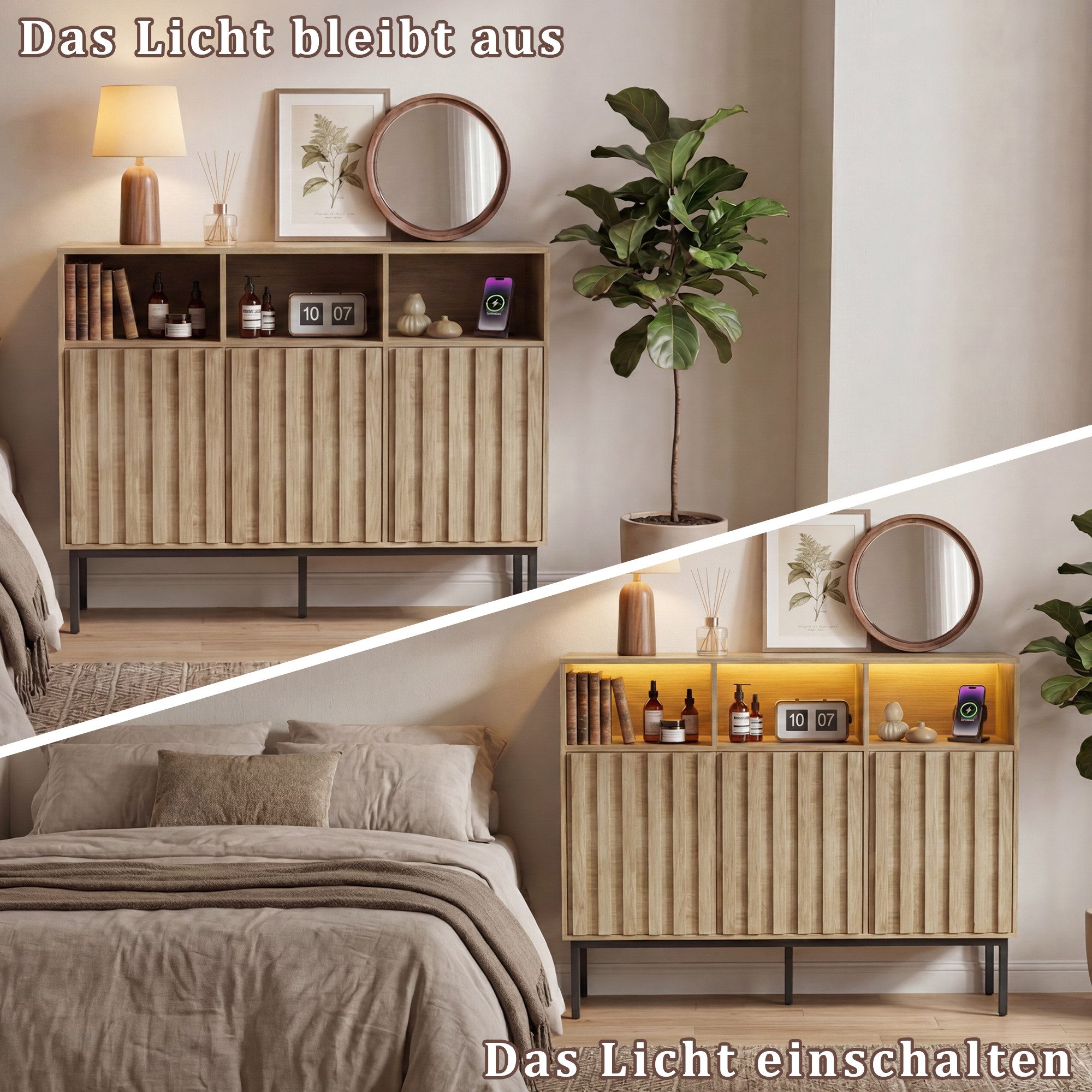 UEV Sideboard Küchenschrank mit 3 Türen & 3 offenen Fächern (Kommode), 105 x 39 x 80cm Kaffeebar Schrank für Flur Wohnzimmer Schlafzimmer – Bild 4 von 5