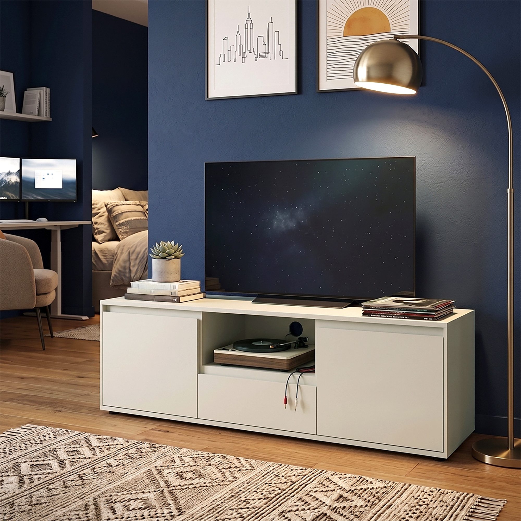 Lomadox Lowboard ZOLLINO-129, in Beige, 137 cm breit mit 2 Türen, 1 Schublade & Kabeldurchlass