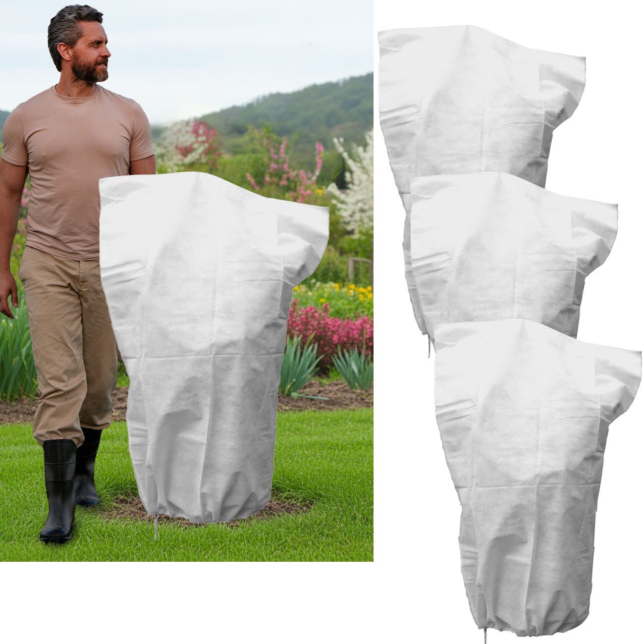 Garden Hero Winterschutzhaube Pflanzenschutzsack 110x150cm Frostschutz Vlies Haube Weiß 50g (3-St., 1er-Set & 3er-Set), aus 50g/m² Vlies mit Zugkordel inkl. Stopper, verstärkter Saum
