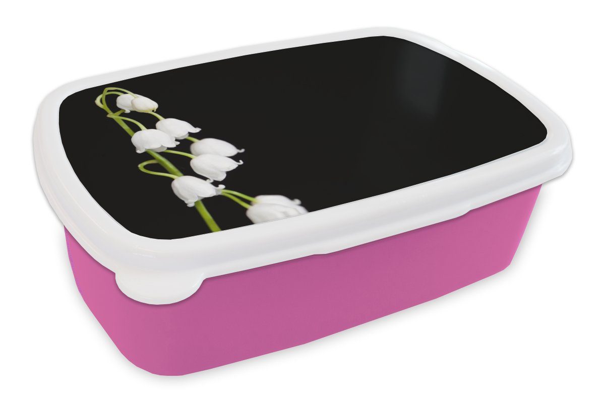 MuchoWow Lunchbox Maiglöckchen - Blumen - Schwarz - Flora, Kunststoff, (2-tlg), Brotbox für Erwachsene, Brotdose Kinder, Snackbox, Mädchen, Kunststoff rosa