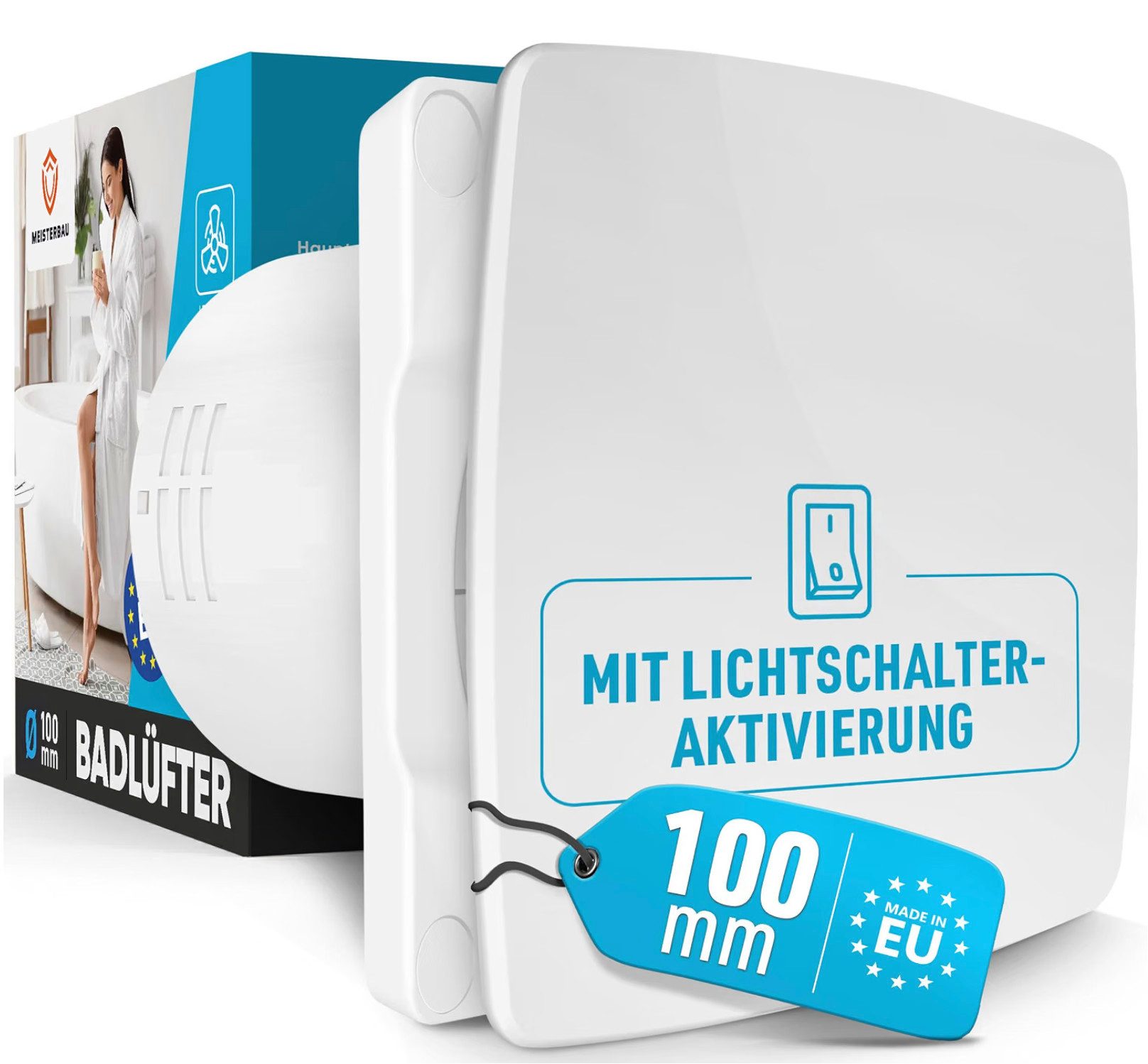 Meisterbau Badlüfter Badlüfter, 10 cm Durchmesser, mit Feuchtigkeitssensor & Nachlauf bzw. mit Lichtschalter-Aktivierung)