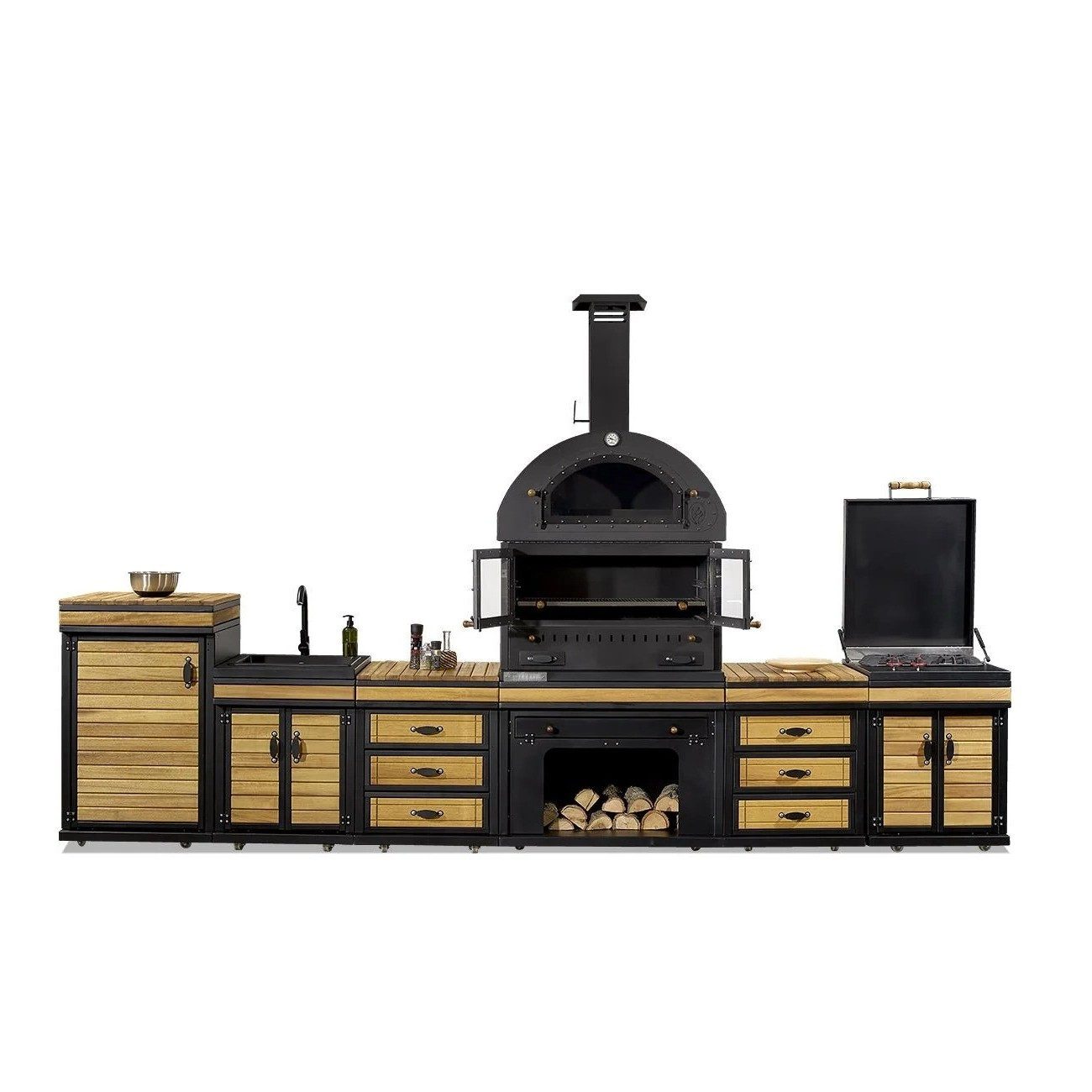 Xlmoebel Outdoor-Küche XLMOEBEL Außenküche Holz Edelstahl in Schwarz und Braun, Made in Europa