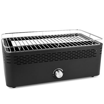 Meateor Holzkohlegrill Tischgrill Campinggrill Holzkohle mit Aktivbelüftung, raucharm, Balkon, Terrasse, Camping inkl. BRUZZZLER-Grillbürste, Grillfläche B44xT25cm