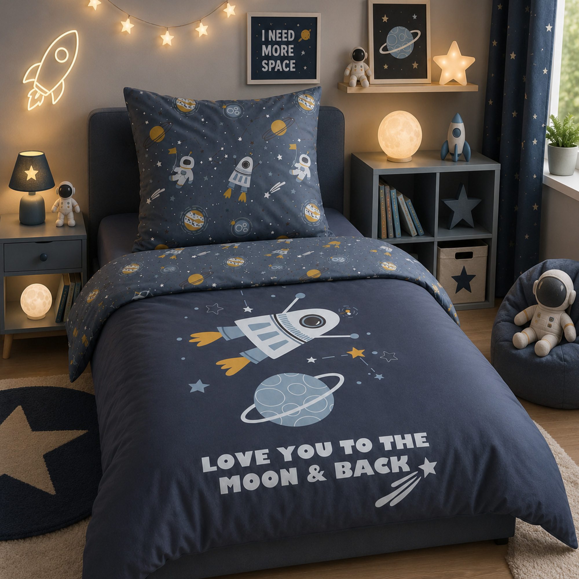 Familando Kinderbettwäsche Rakete Planeten 135x200 80x80 cm Weltall Bettwäsche Baumwolle, Renforcé, 2 teilig, mit liebevollem Motiv für Mädchen und Jungen