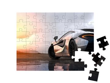 puzzleYOU Puzzle Silberner Luxus-Sportwagen im Sonnenuntergang, 48 Puzzleteile, puzzleYOU-Kollektionen Autos