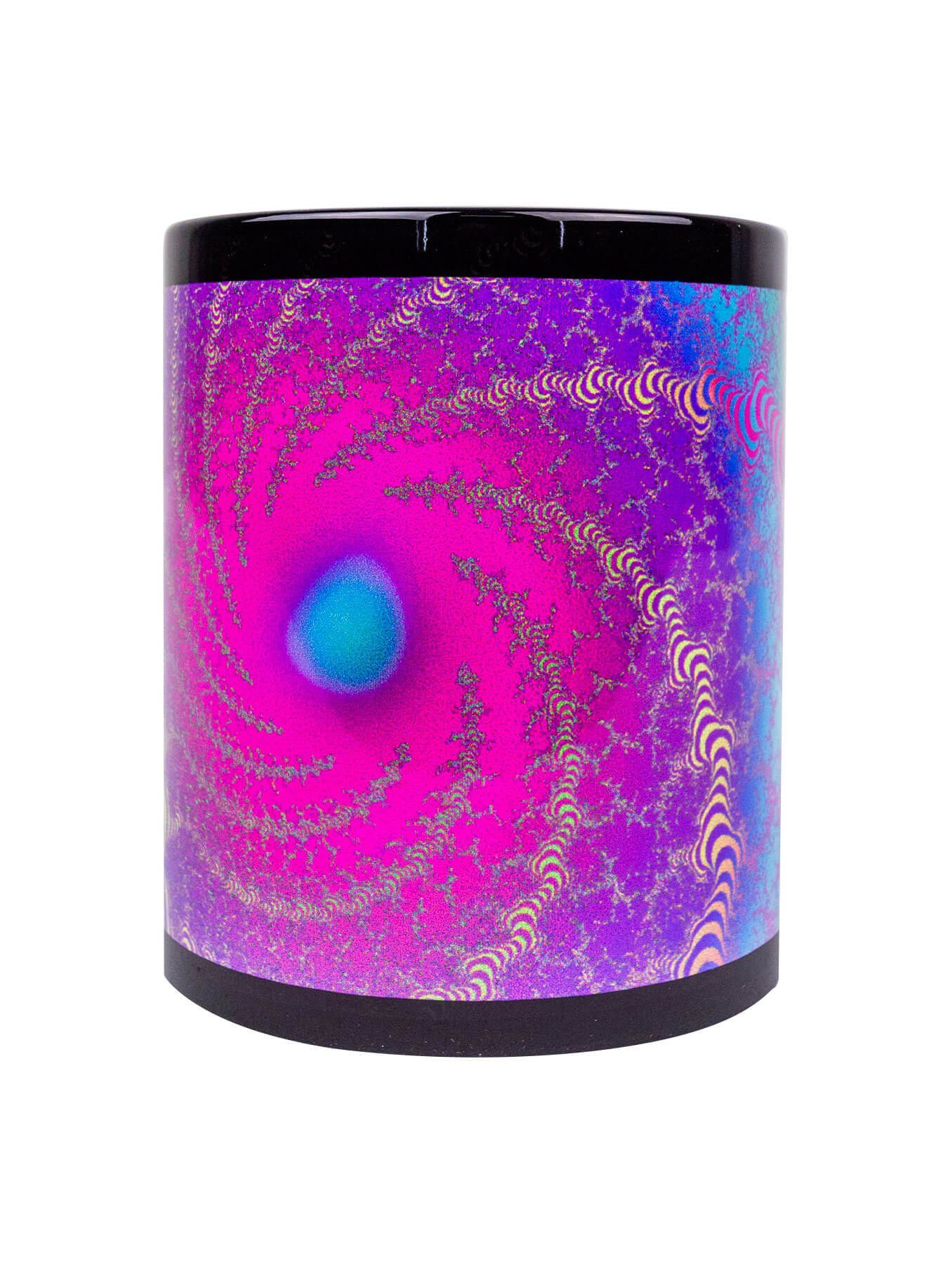 PSYWORK Tasse Fluo Cup Neon Motiv Tasse "Fractal Dimension IV", Keramik, UV-aktiv, leuchtet unter Schwarzlicht