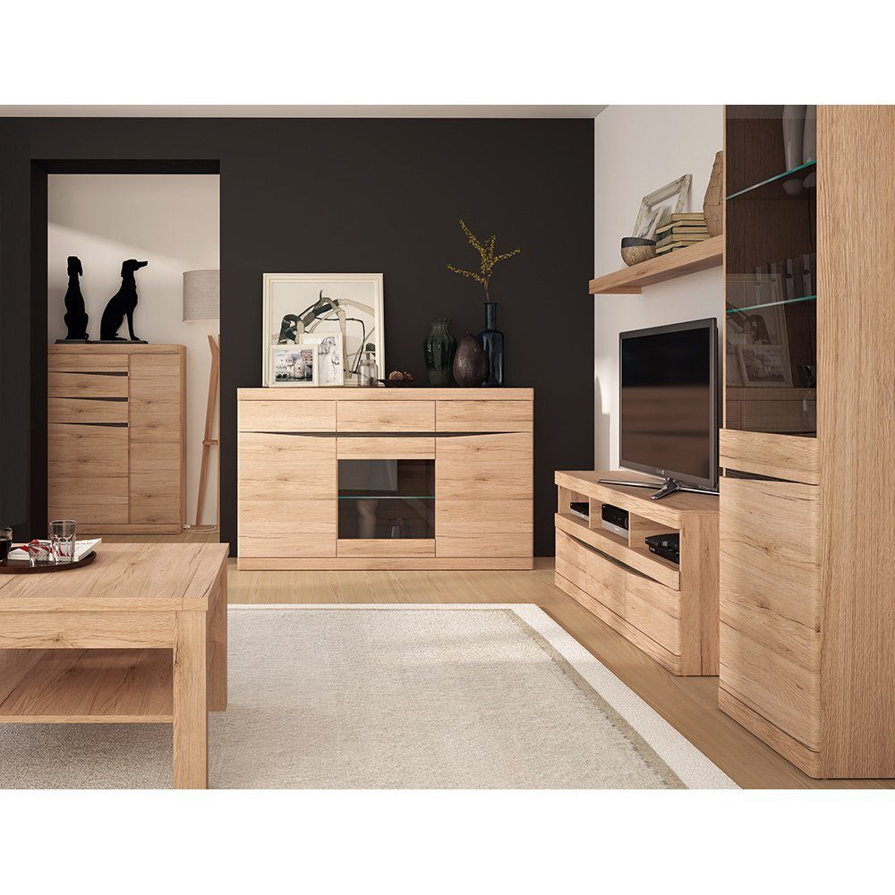 Lomadox Wohnwand SANFORD-129, (6-St., 6-tlg), San Remo Eiche hell Nb., Couchtisch, TV Wand, Highboard, Sideboard