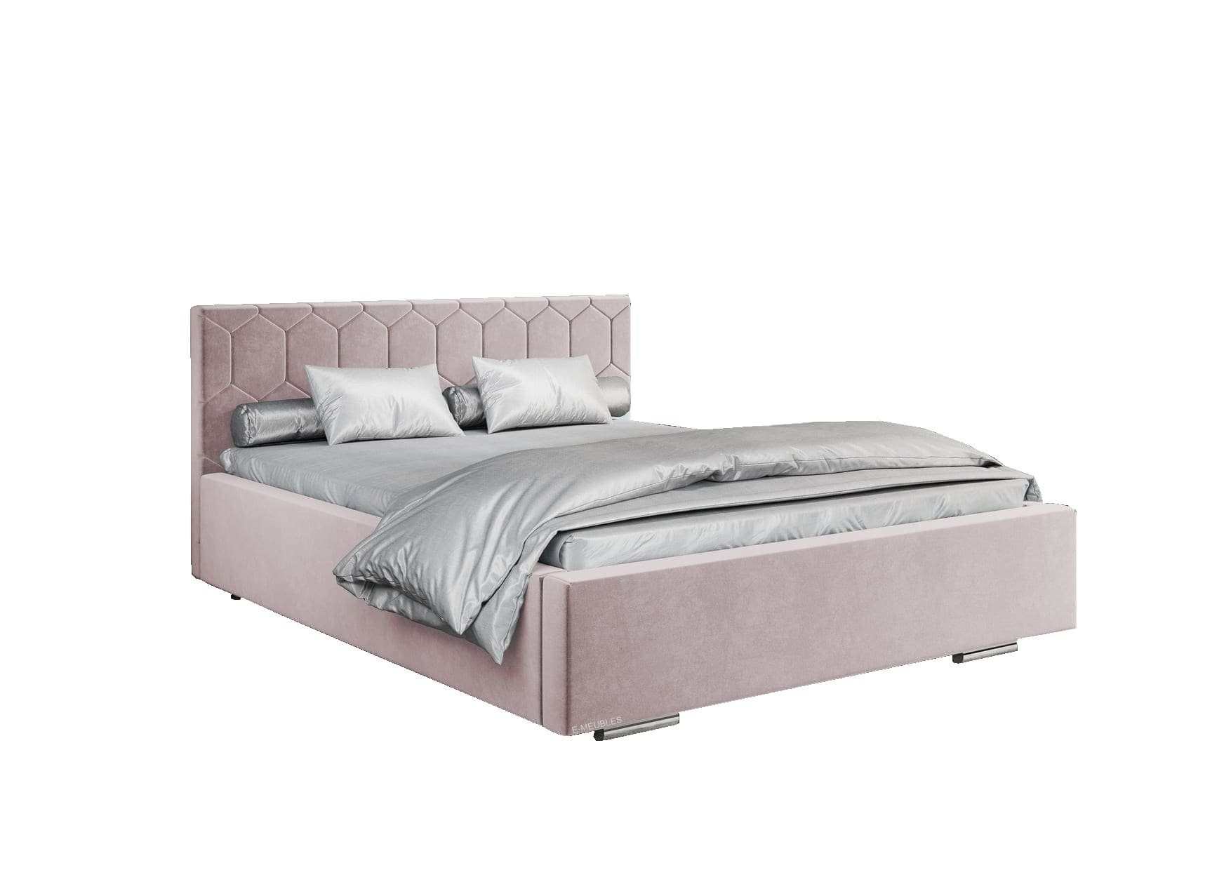 MOEBLO Polsterbett Bett 02 (Double Doppelbett mit Kopfstütze, Rahmenbettgestell, mit Bettkasten und Lattenrost), gepolstertes Kopfteil Flamingo (Trinity 19)