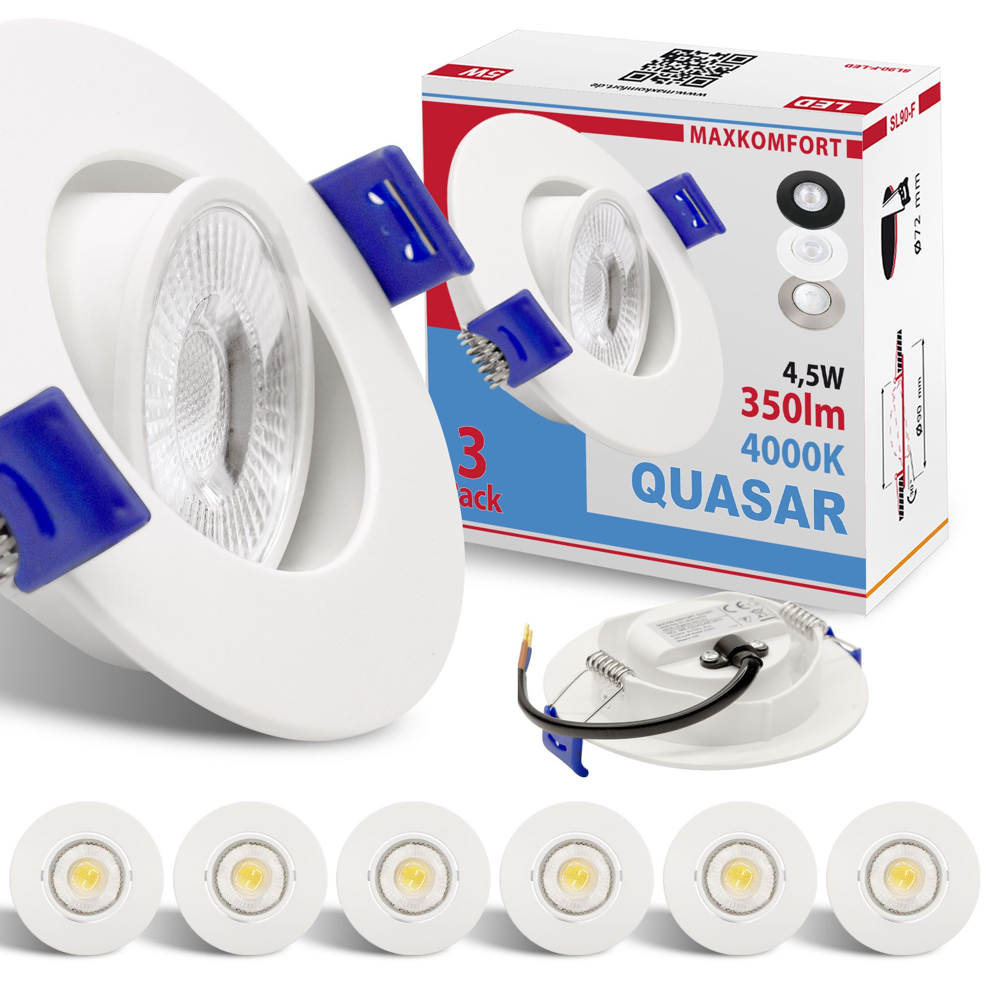 Maxkomfort LED Einbaustrahler 3/6/12er Set - schwenkbar & Ultraflach, Neutralweiß 4000K, LED fest integriert, Deckenspots Schwarz/Weiß/Silber - Einbauspots IP20 Ø90mm