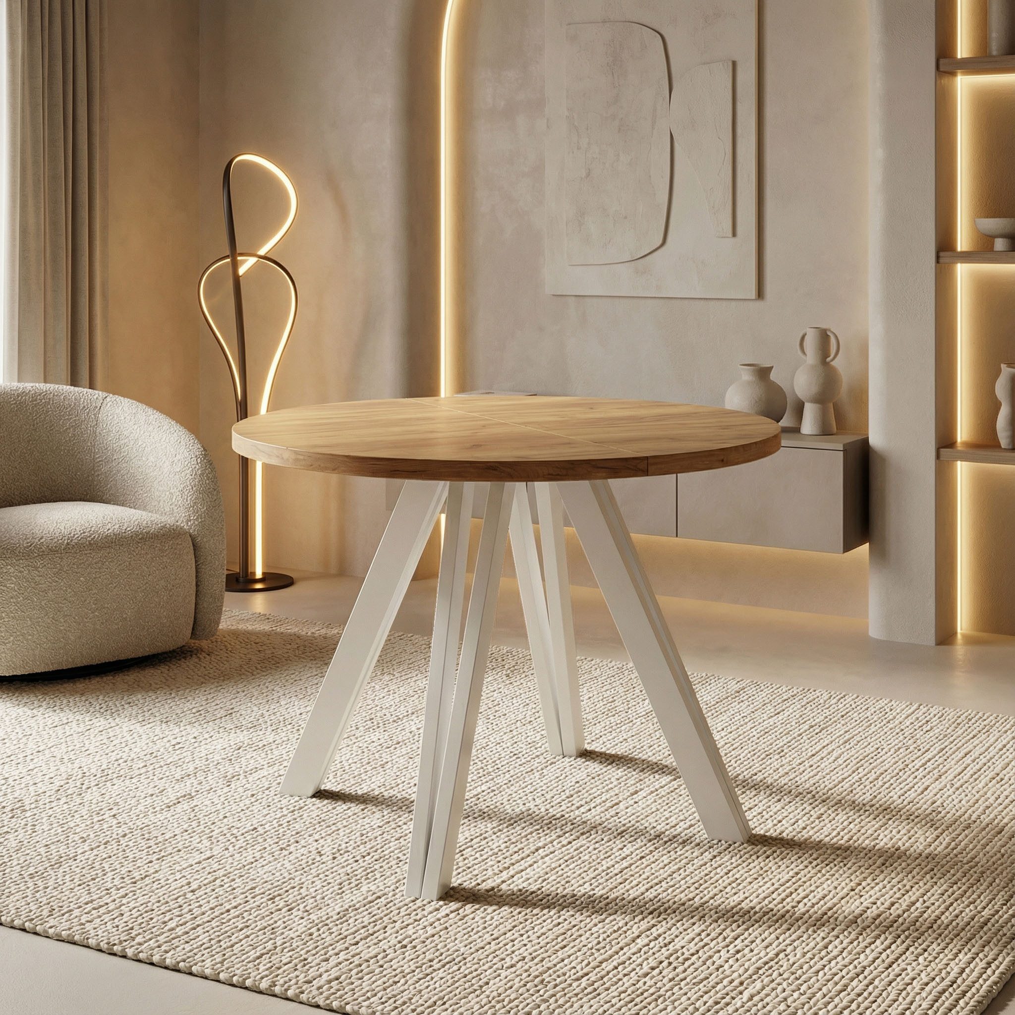 WFL GROUP Esstisch Ravano ausziehbar rund modern mit Weißen Holzbeinen (MADE IN EU, drei Größen – 100 cm, ausziehbar auf 140/180 cm), platzsparender Tisch für kleine Küche, Esszimmer oder Wohnzimmer