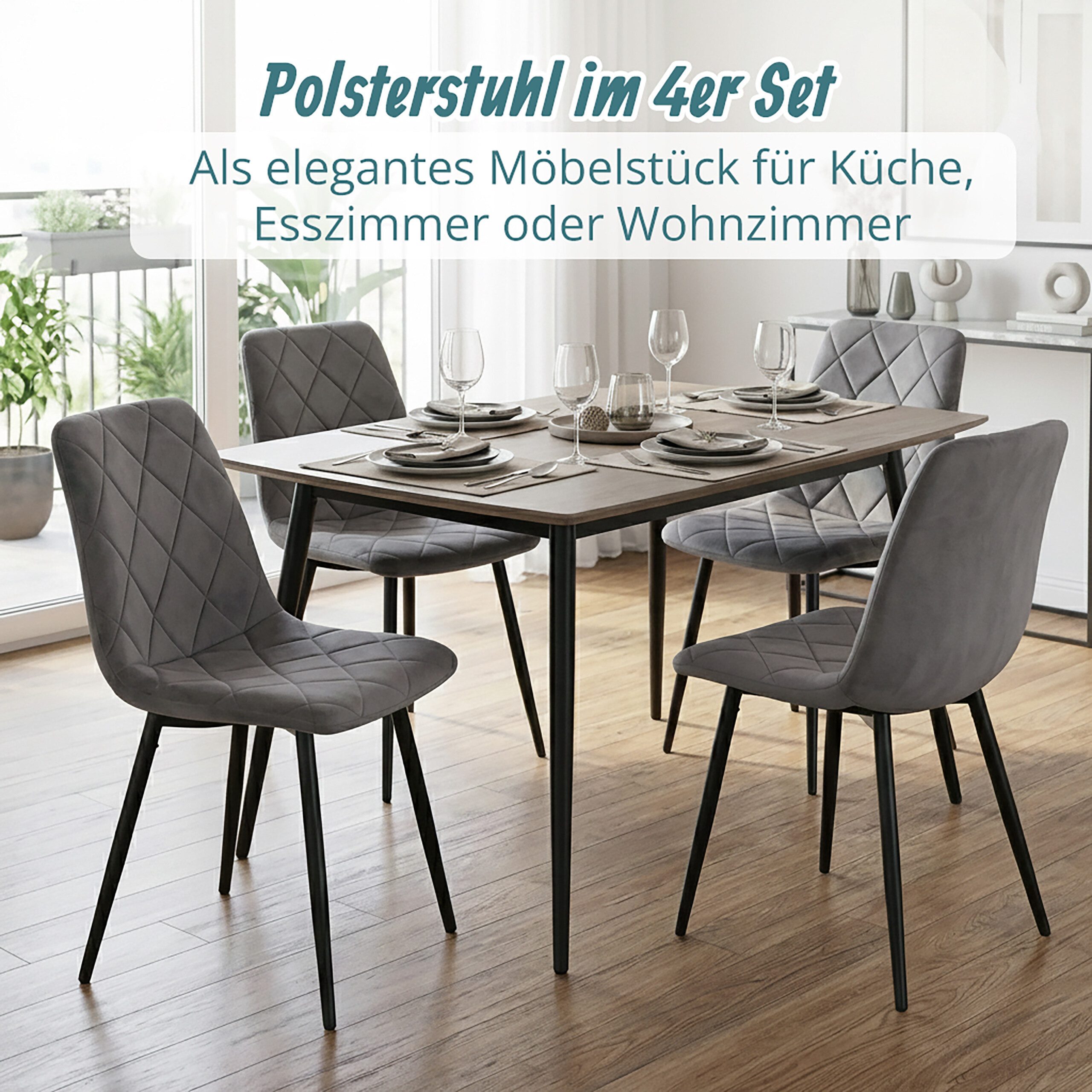 relaxdays Esszimmerstuhl Samt Esszimmerstuhl Set (4 St), grau, 4er Pack – Bild 2 von 5