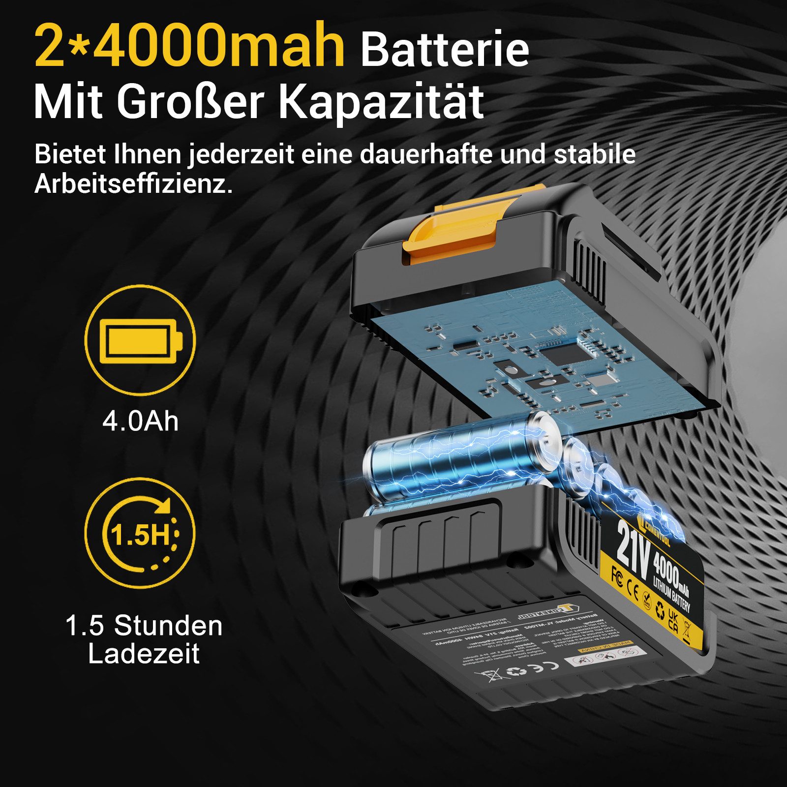 CONENTOOL Akku-Winkelschleifer 21V Winkelschleifer bürstenloser Motor, max. 11000 U/min, (Scheiben-Ø 125mm), inkl. 2×4,0Ah Akku und Ladegerät