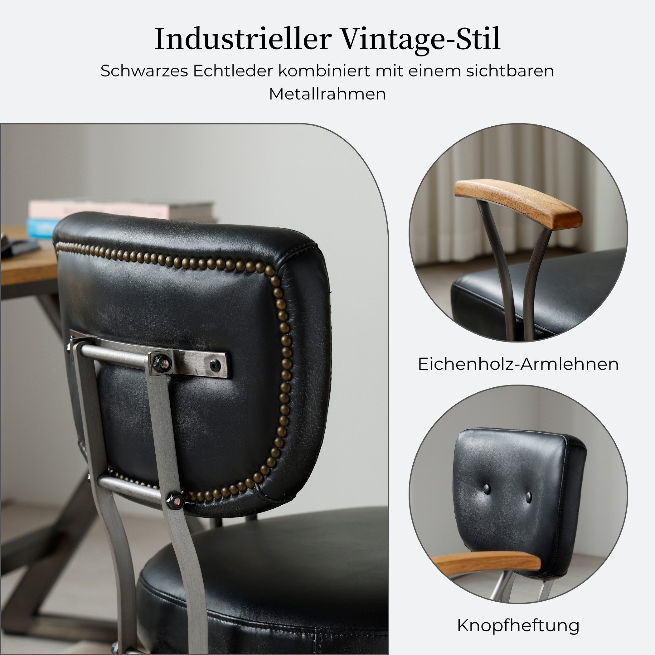 SeedWave Bürostuhl Drehbarer Chefsessel Höhenverstellbar mit Lederbezug, Holz-Armlehnen, Home Office Chair mit freiliegendem Metallgestell, bis 136 kg