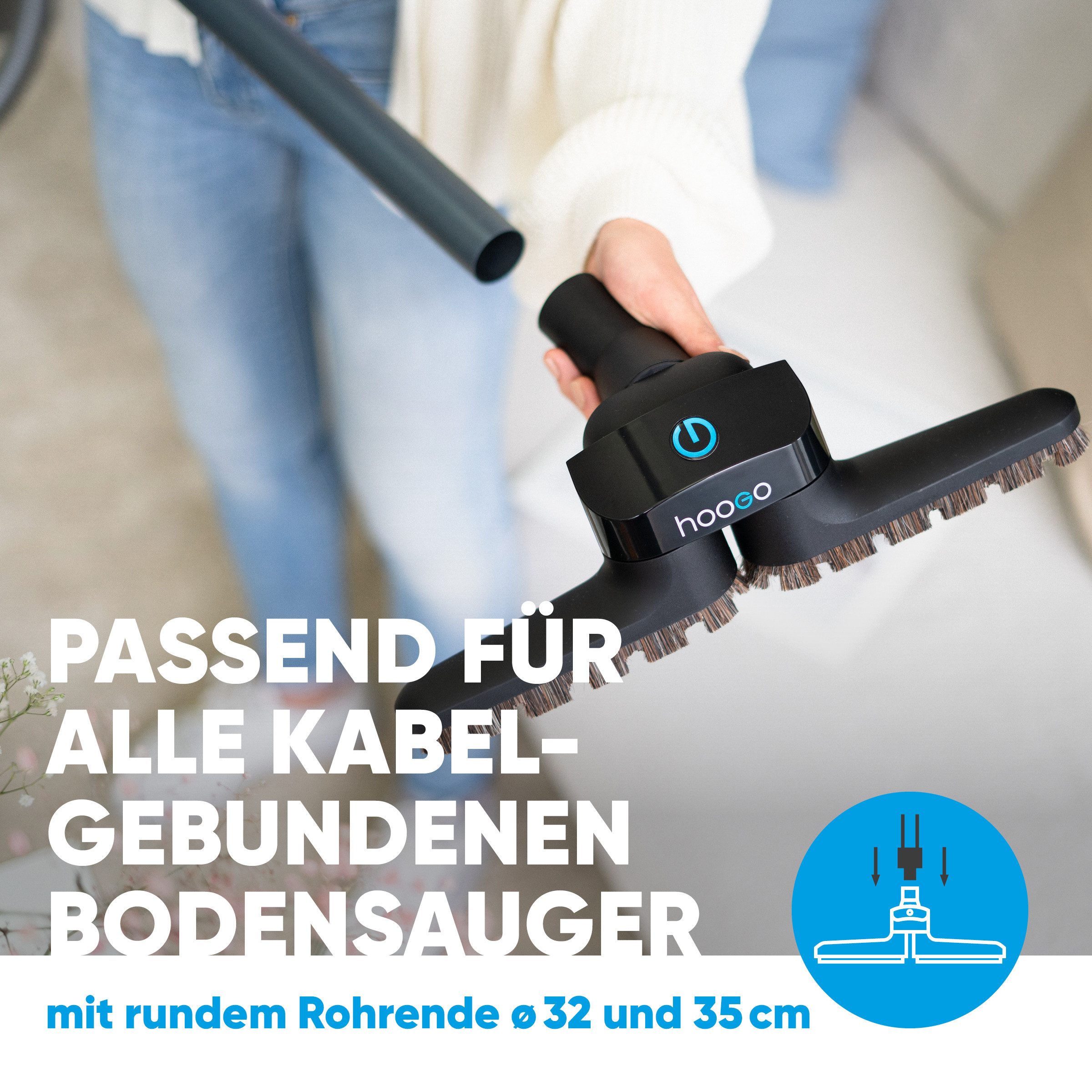 hoogo Teppichdüse hoogo flipflop Flexdüse, Zubehör für Modell hoogo B3+ und alle handelsüblichen, kabelgebundenen Bodenstaubsauger mit rundem 32/35 mm Saugrohr, mit optionalem Adapter auch geeignet für Dyson Modelle V10, V11, und V15, Flex Düse 35mm / 32mm, alle Bodenstaubsauger, integrierter Möbelschutz