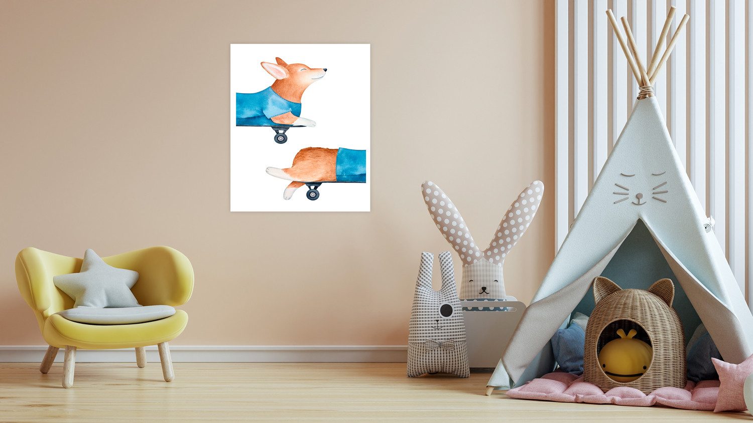 Bild mit Rahmen oder Poster, Hund auf Skateboard