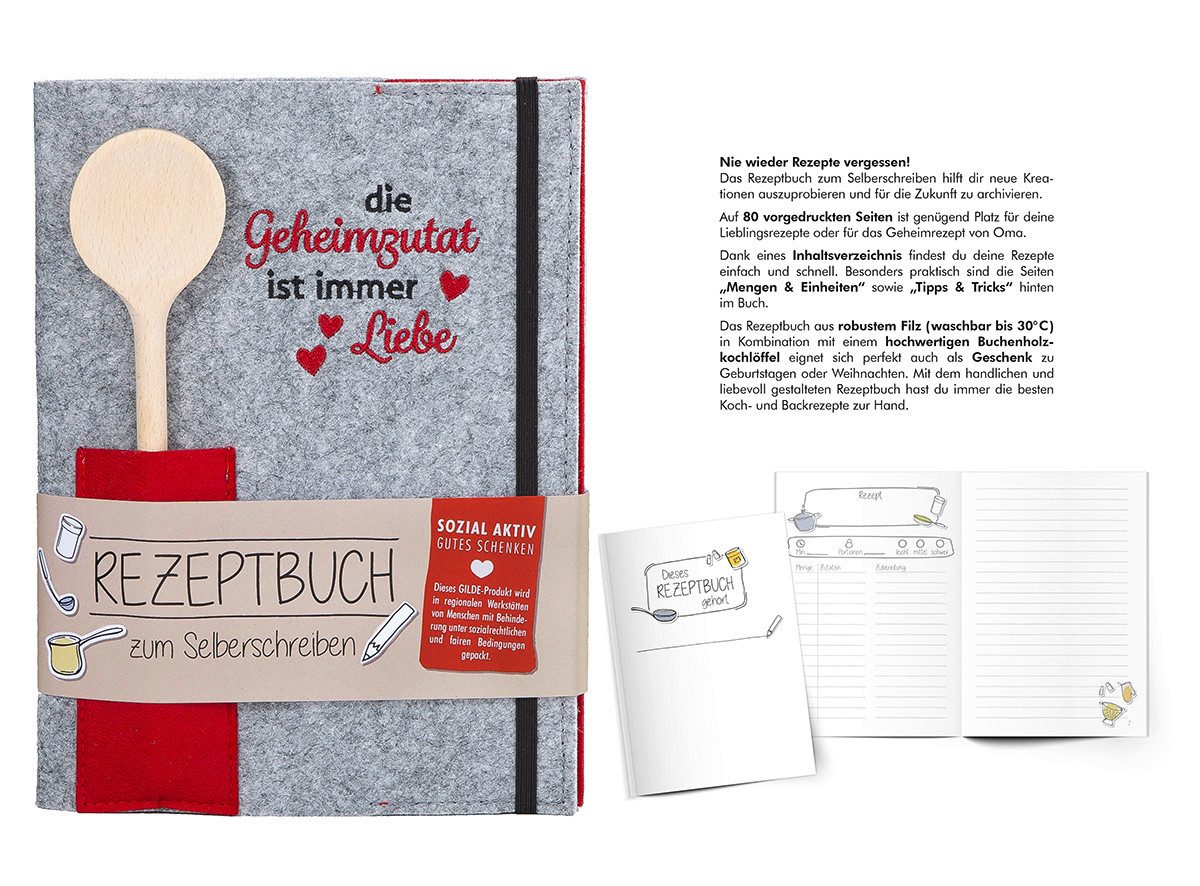 GILDE Notizbuch GEHEIMZUTAT LIEBE zum Selberschreiben A5 - Rezepte zum Backen Kochen, Rezepte Buch in Filz Einband mit Holz Kochlöffel