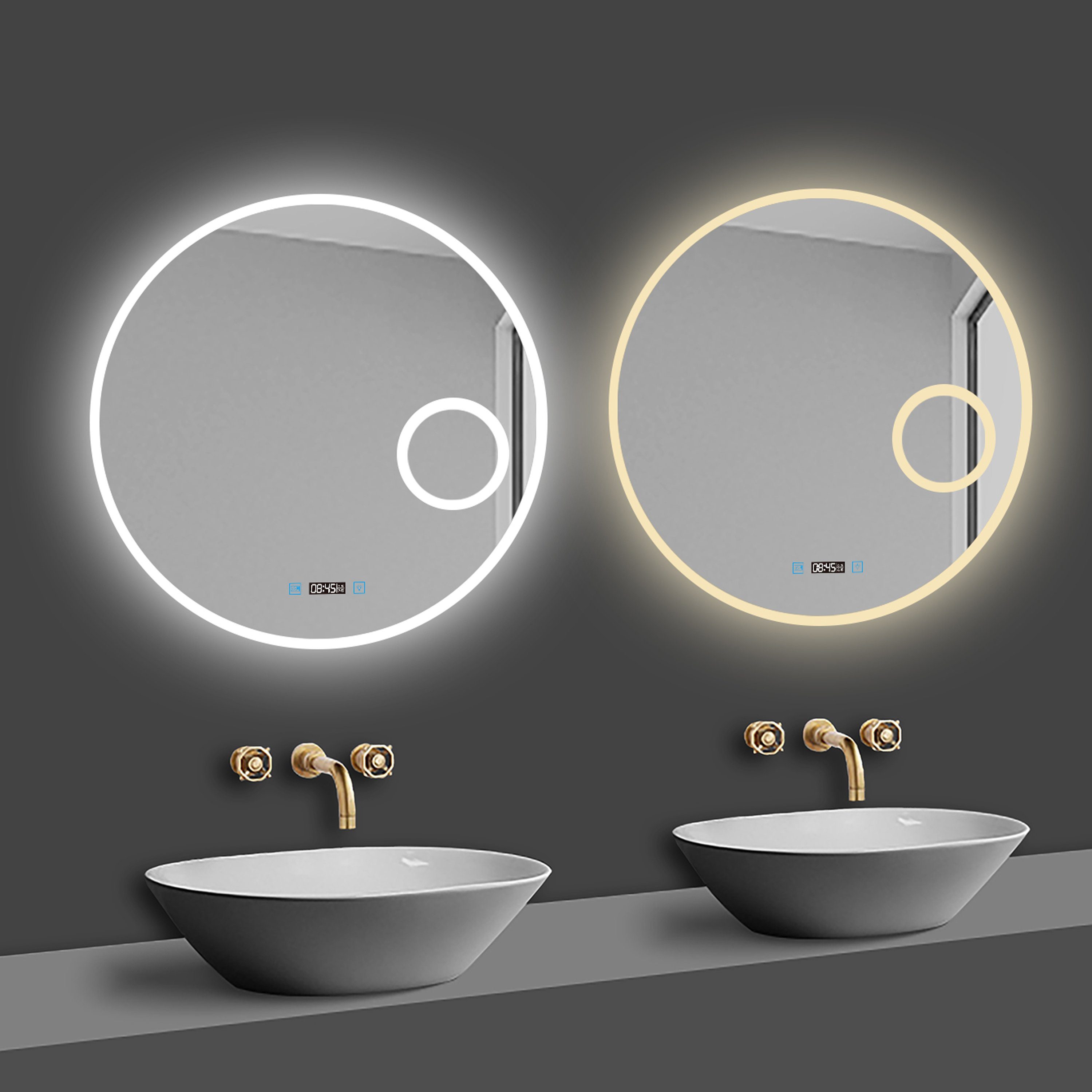 duschspa Badspiegel Runder Spiegel Touch/Wandschalter, dimmbar Uhr, Memory Kalt/Neutral/Warmweiß Schminkspiegel