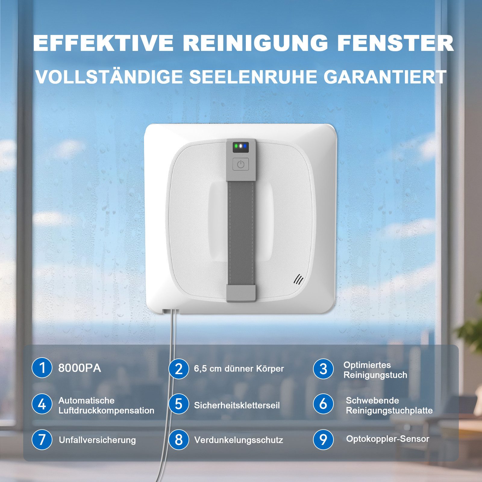 Grenintol Fensterputzroboter Automatischer Fensterputzroboter 8000PA,Fenstersauger mit Water Tank, (Standard-Set, Fensterreinigungsroboter-Set mit Zubehör (inkl. 4x Mikrofasertücher) Fensterreiniger mit 4 Sprühdüsen,innov.Sprühsystem & Lasersensoren