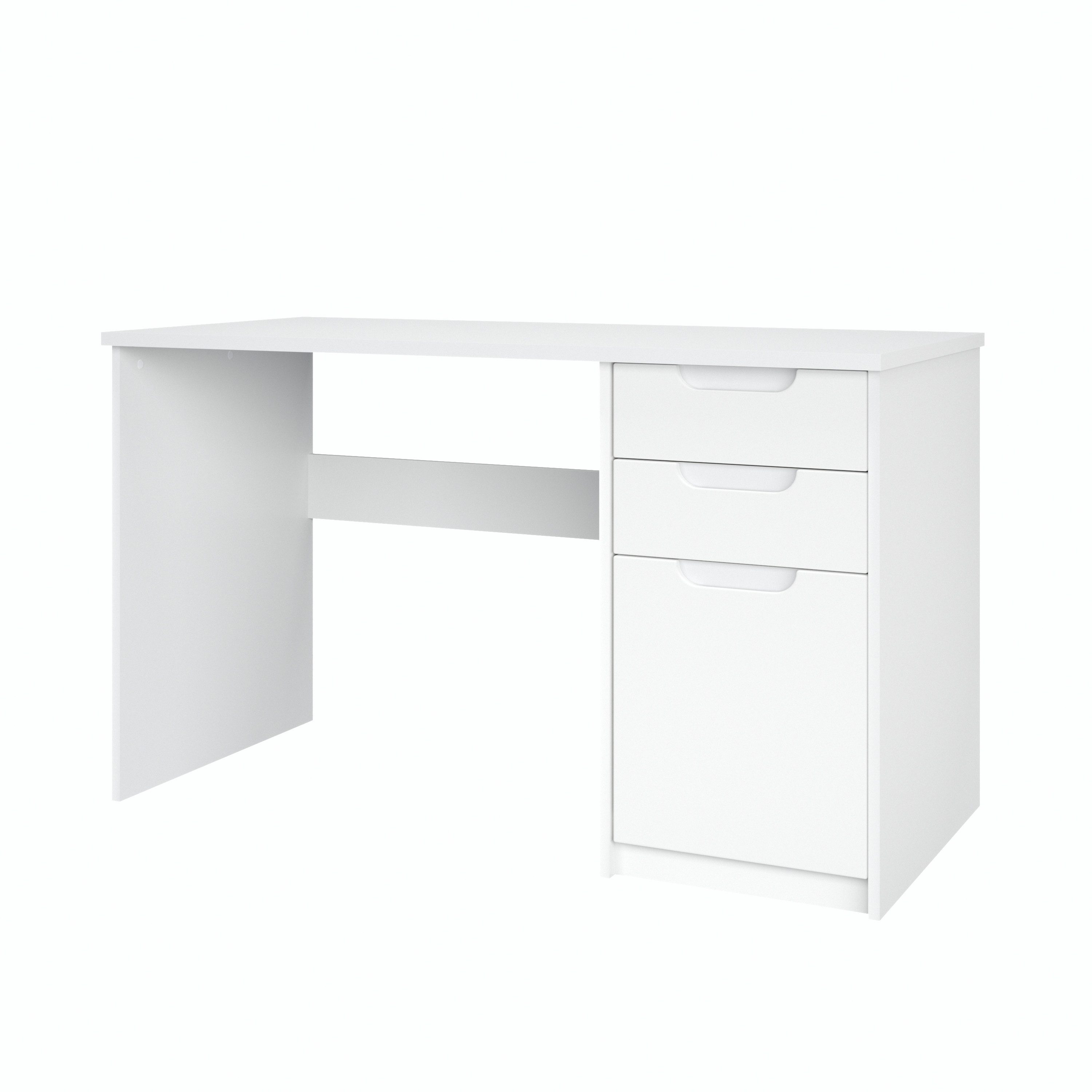 Vladon Schreibtisch Logan (Bürotisch, mit 2 Schubladen und 1 Tür), Weiß matt/Weiß matt (129 x 76 x 60 cm)